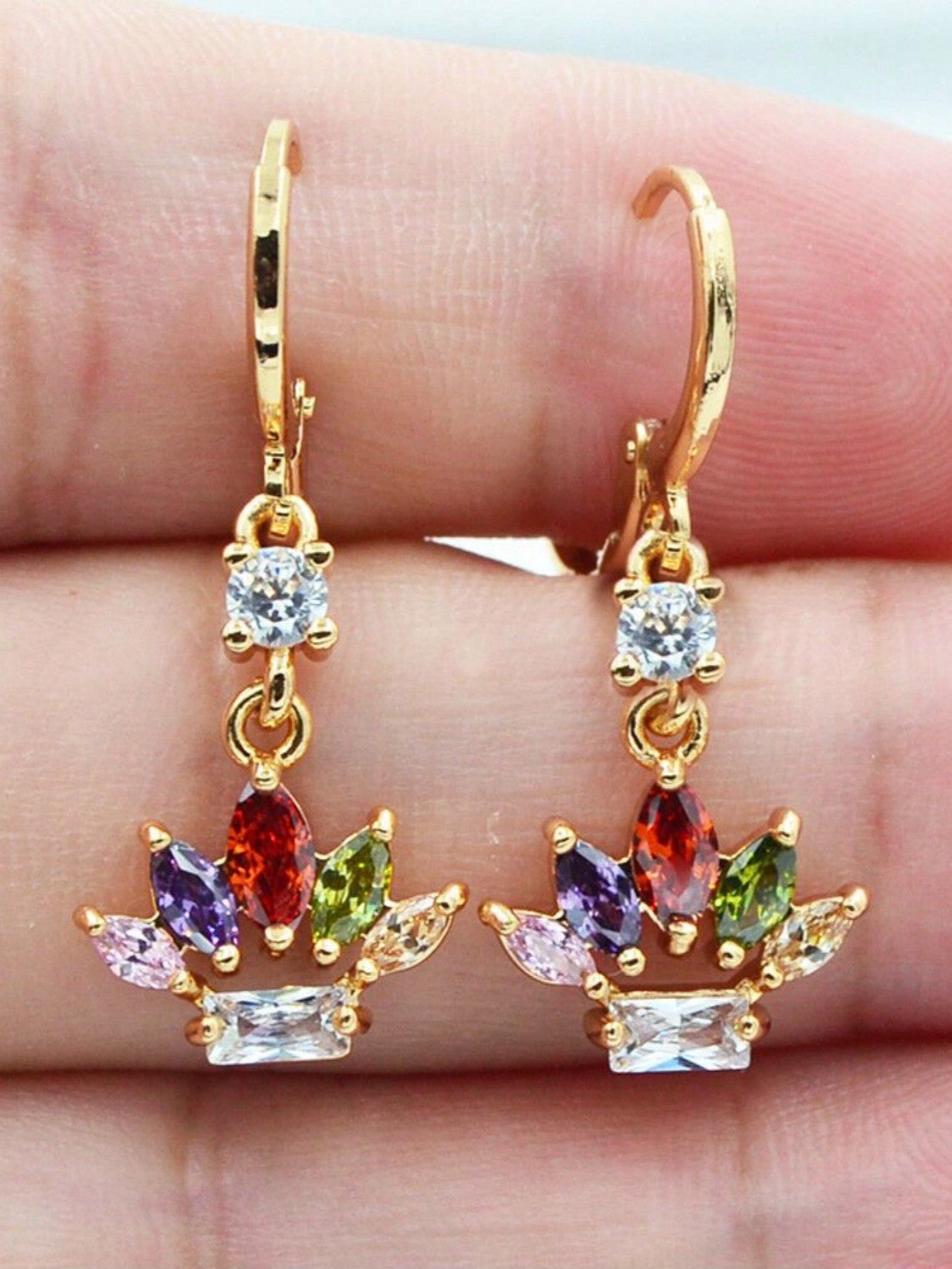 1 pair stylish long floral crown shaped colorful exquisite earrings-Multicolor-1