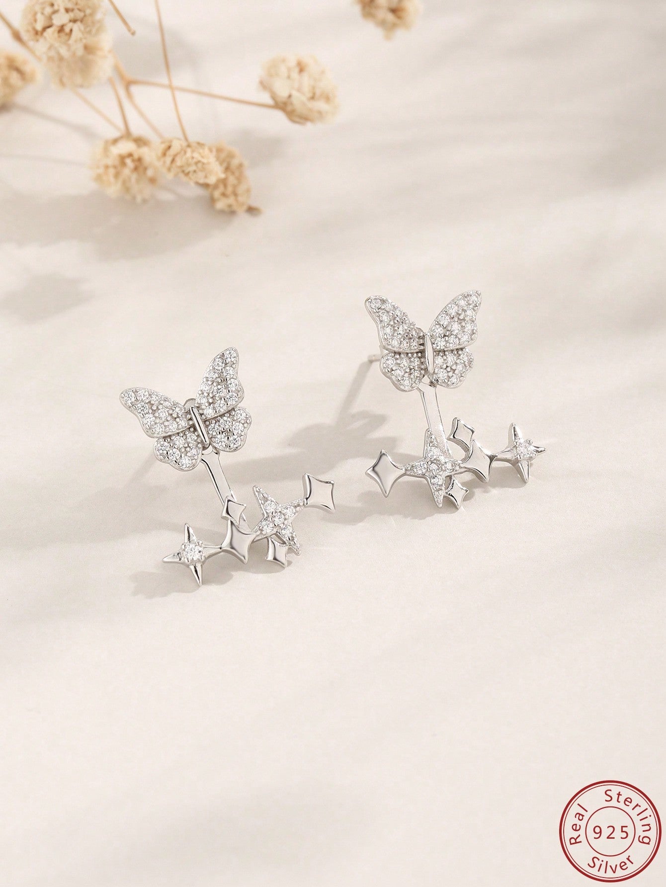 2pcs Butterfly & Star Design 925 Sterling Silver Stud Earrings, Simple Style Ins Fashionable & Luxury Ear Jewelry-Silver-1