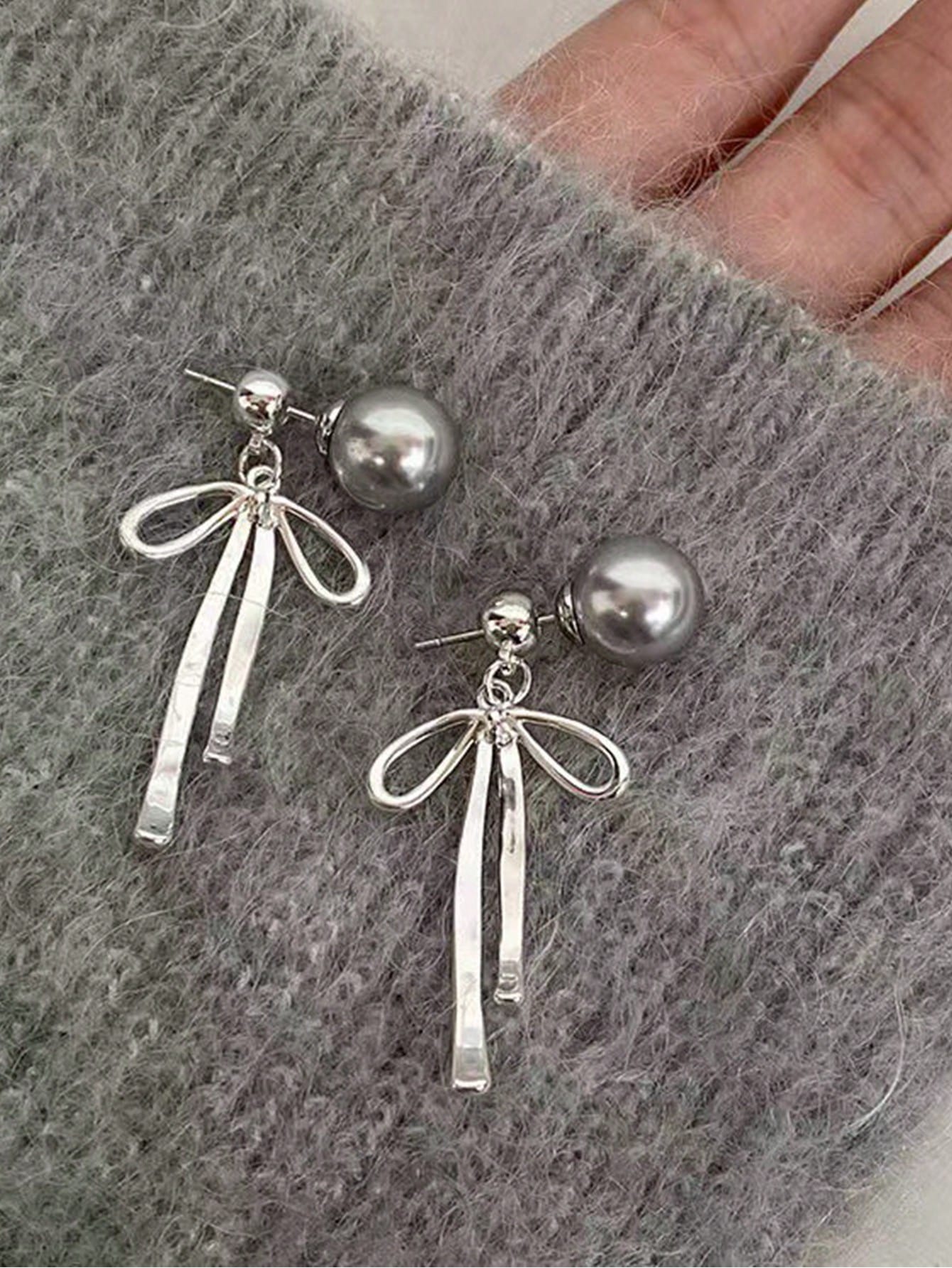 1pair Chic Grey Pearl Bowknot Long Tassel Dangle Earrings For Women-Silver-1