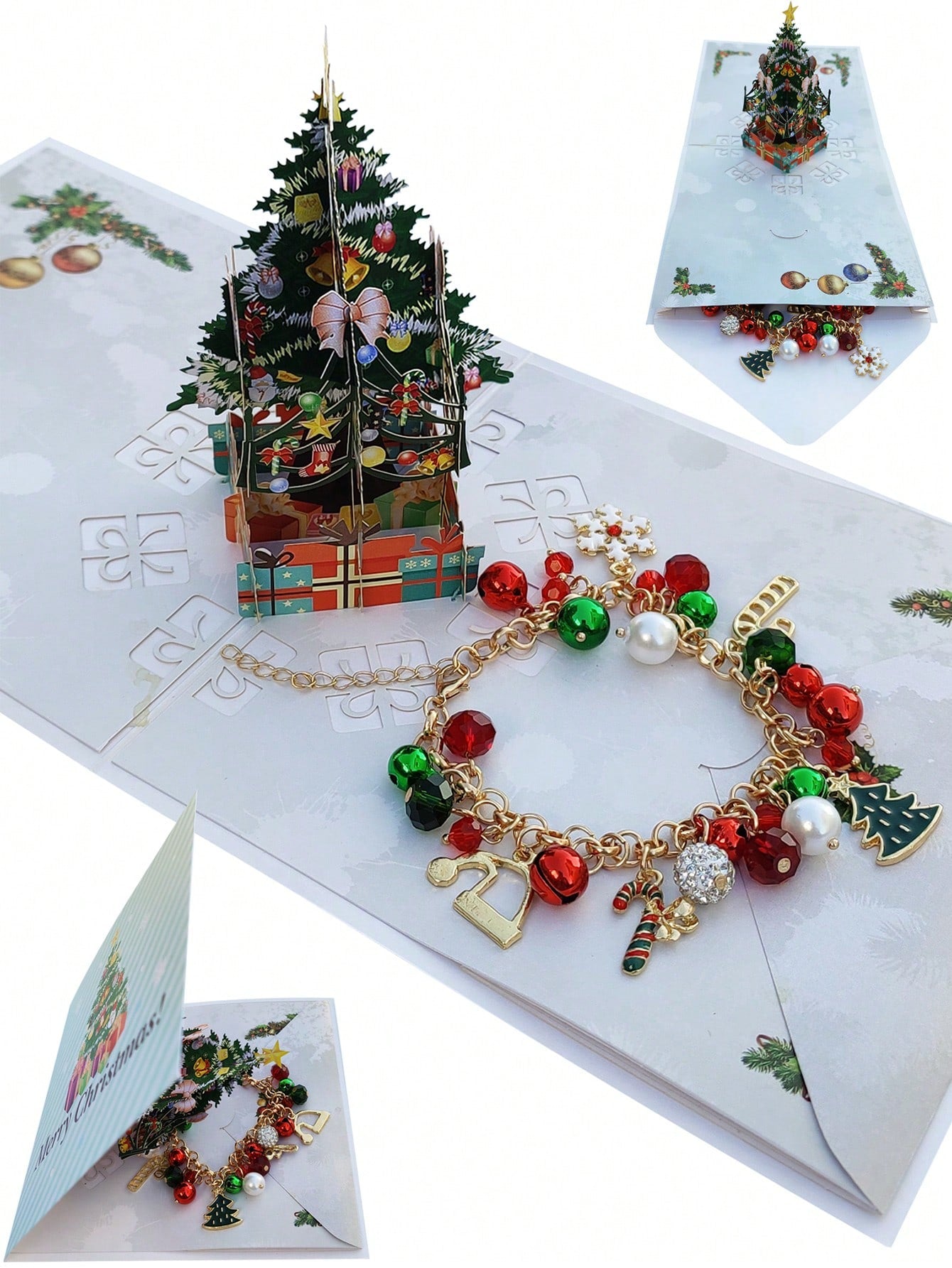 2-pack Christmas Gift Bracelet Christmas Card Combination Hanging Pearl Bell Diamond Ball Crystal Beads Snowflake Christmas Tree Christmas Theme Bracelet-Multicolor-1