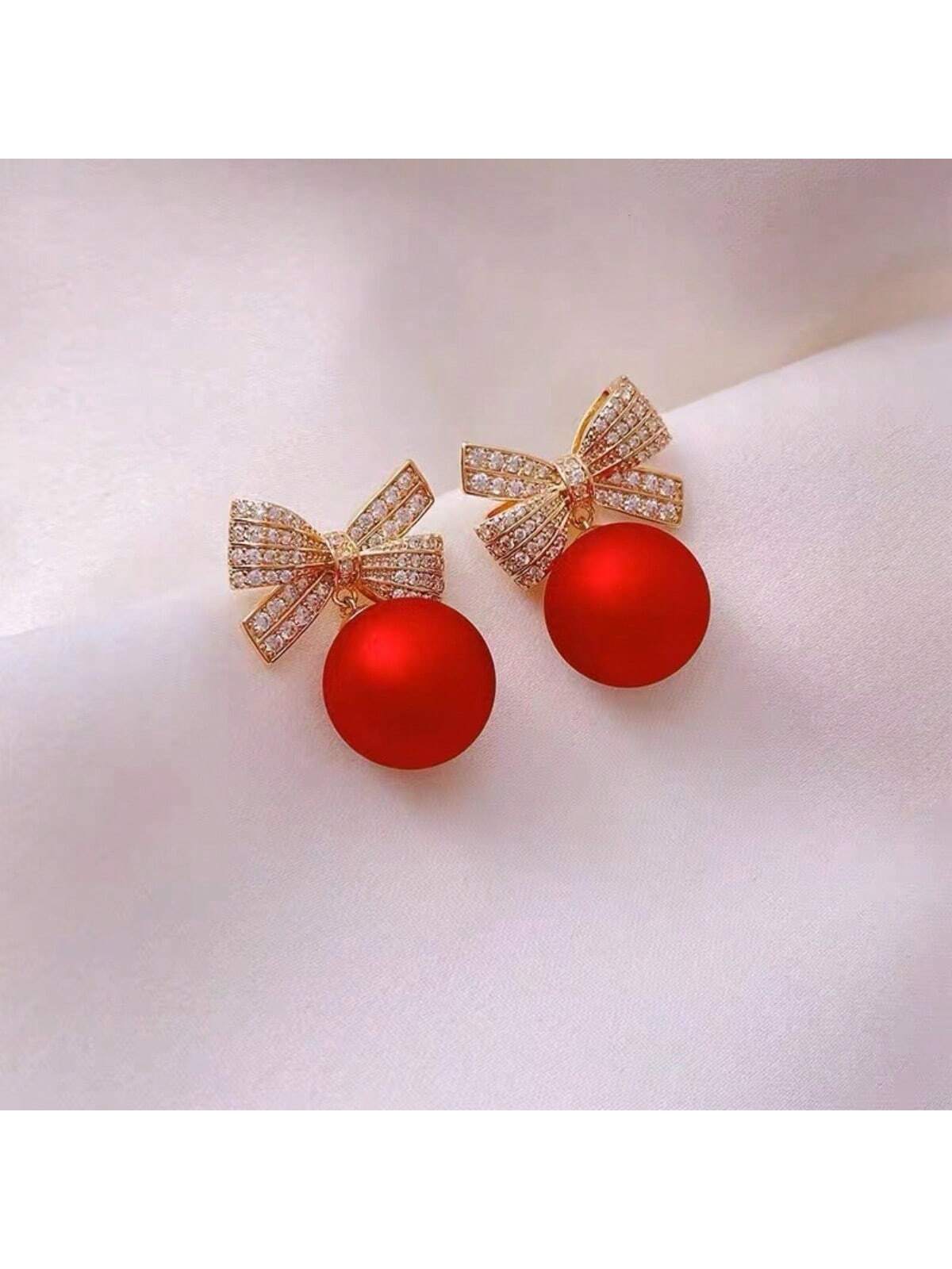 Red Bow & Pearl Earrings For Women, 2023 New Fashionable Versatile Stud Earrings-Red-1