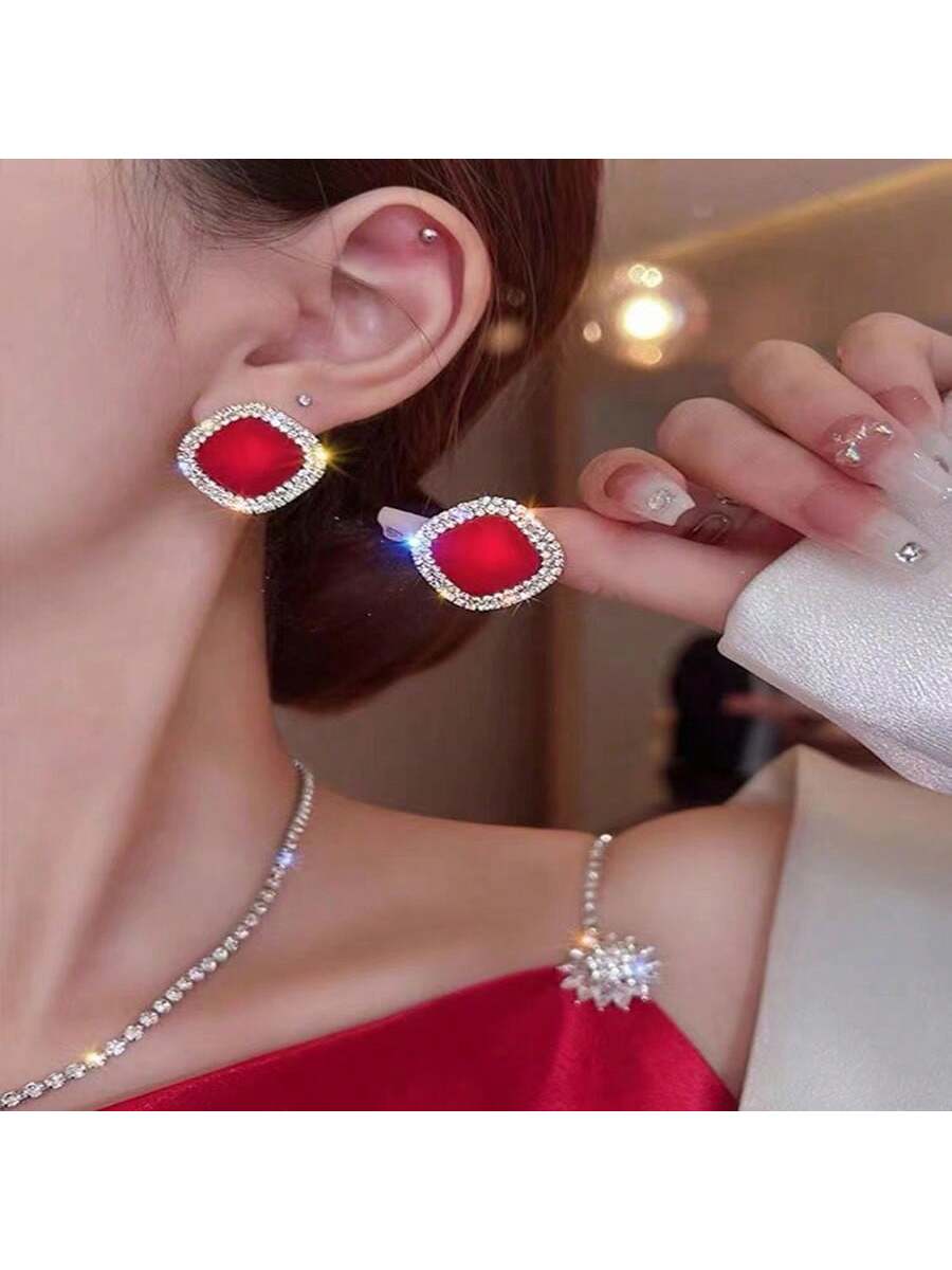 1pair High-end & Elegant & Minimalist Style Women's Fashionable And Versatile Earrings-Red-1