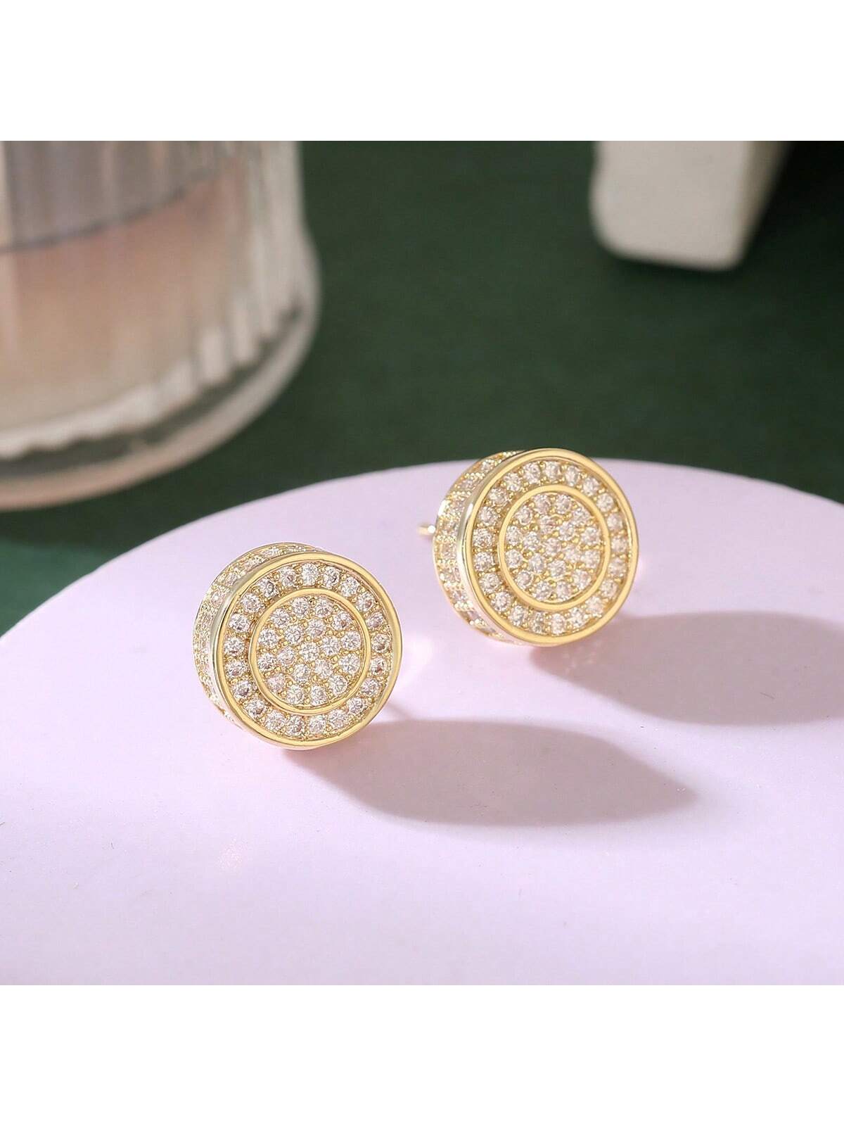 1 Pair Of Zirconium-Encrusted Geometric Round Earrings, Personalized Trendy Three-Dimensional Dazzling Earrings-Gold-1