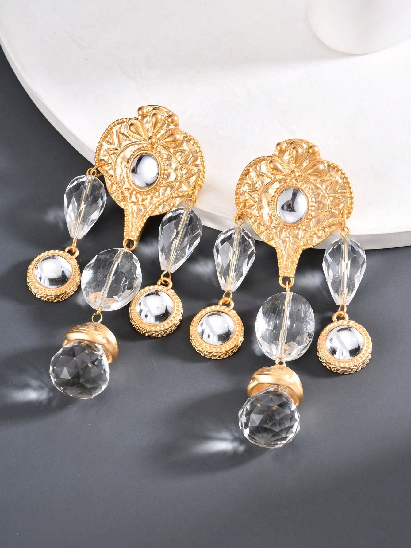 1pair Gold-color French Style Clear Crystal Fringe Shoulder Duster Earrings For Women, Retro Luxury Ear Stud Jewelry-Clear-1