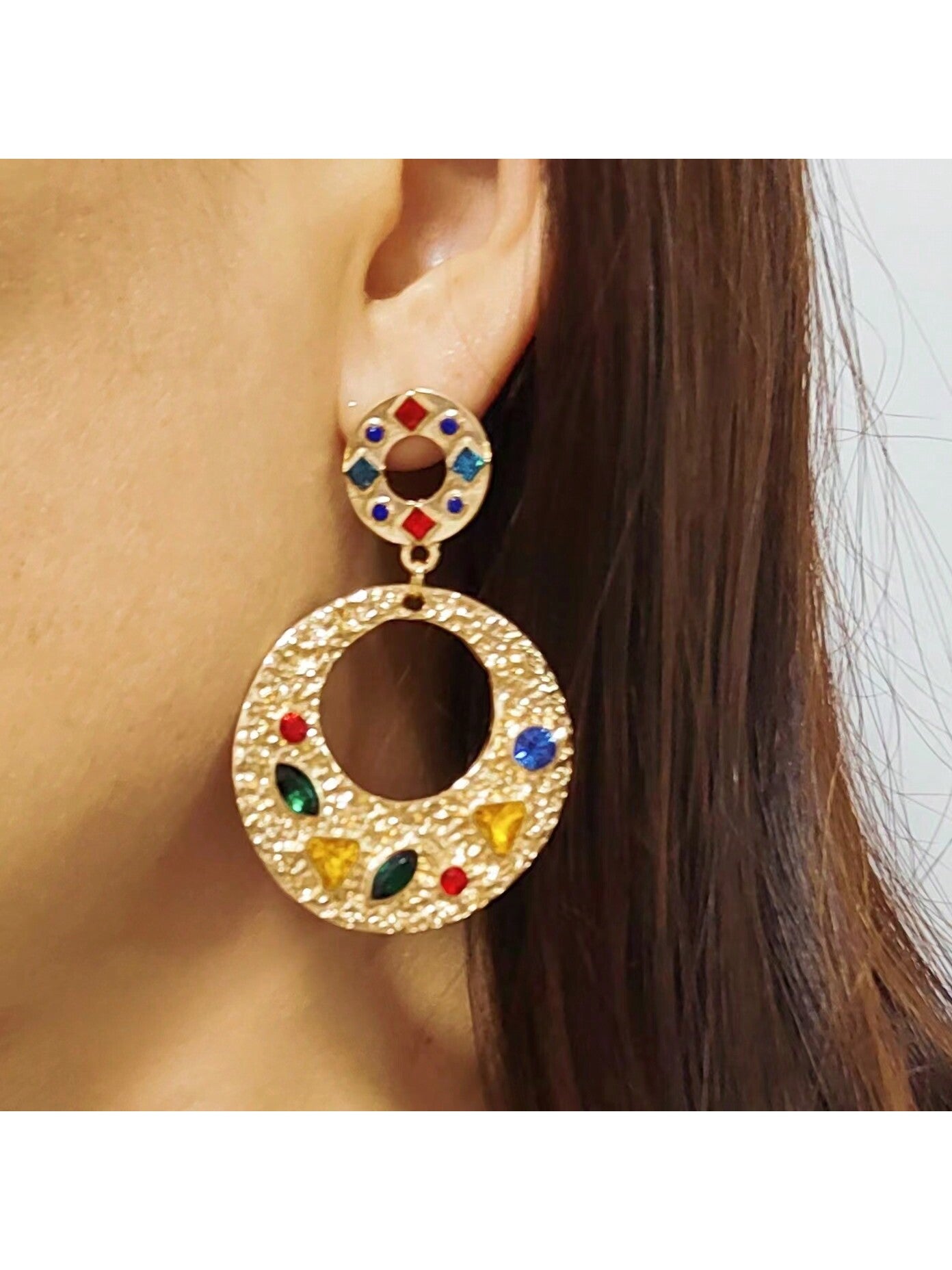 1 Pair Fashionable Multi Colored Rhinestone Stud Earrings, Daily Wear Elegant Earings With Bohemia Style For Women-Multicolor-1