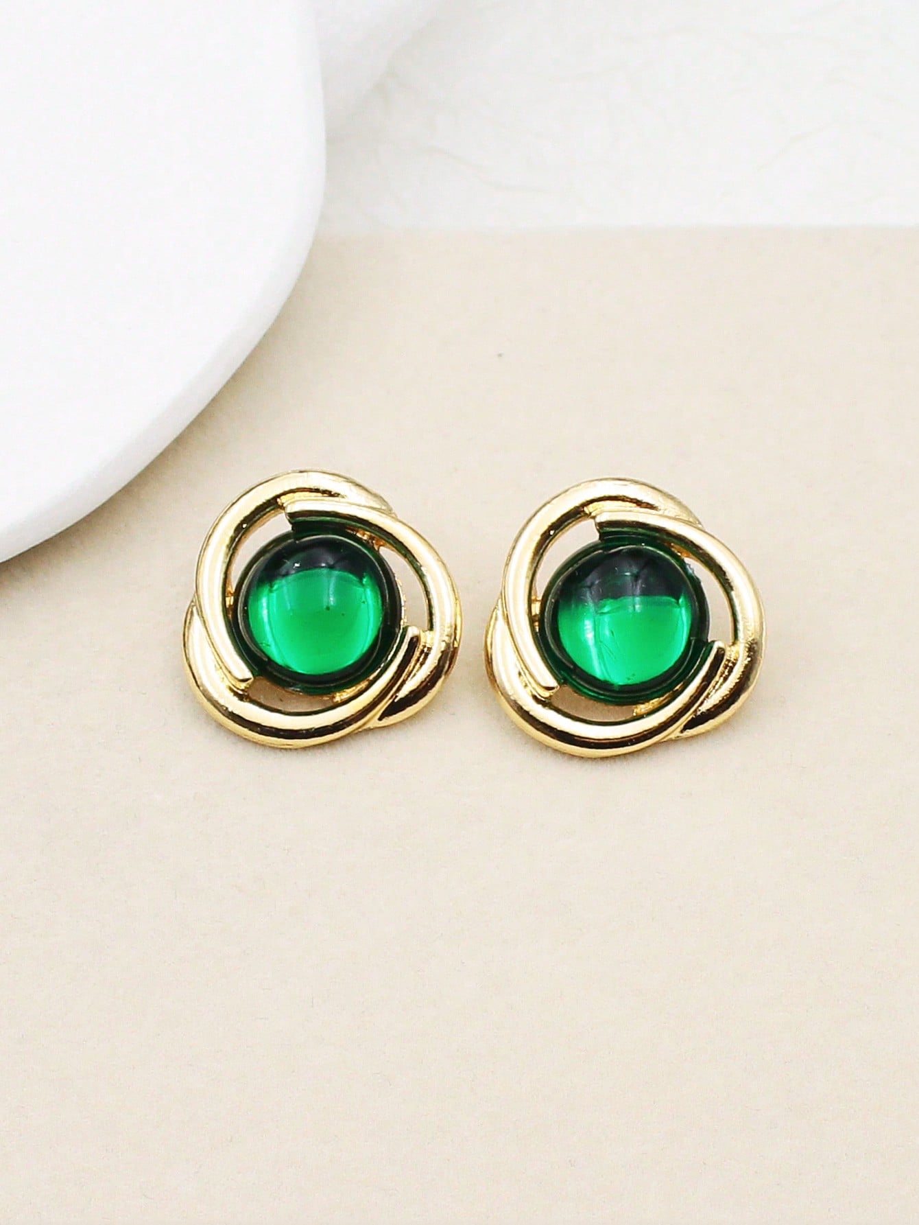 Vintage Style Pre-Owned Mysterious & Atmospheric Green Gemstone Stud Earrings-Green-1