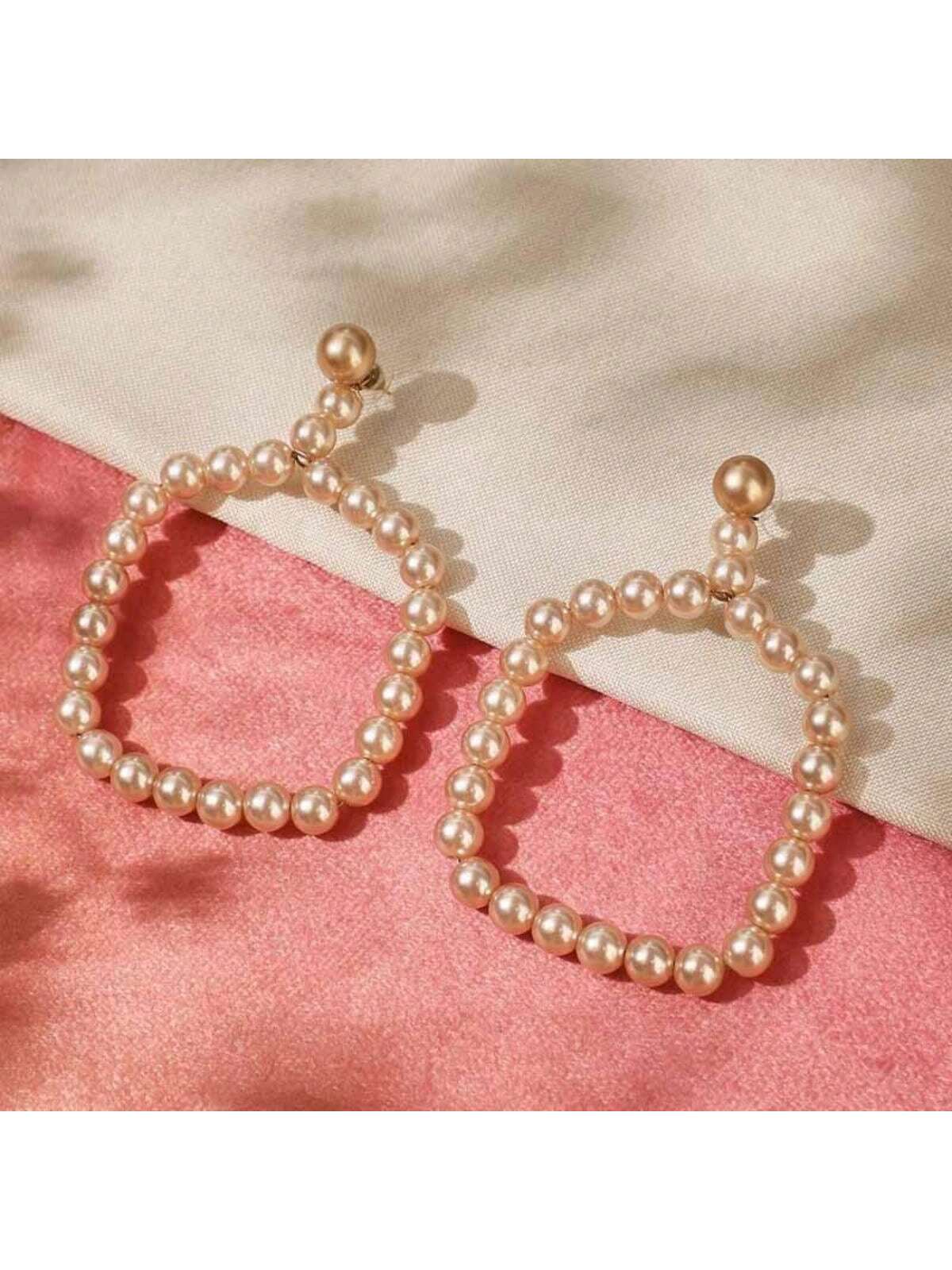 Earrings Korean Sweet Ladylike Style Soft And Cute Girl Geometric Round Pearl And Alloy Earrings-Champagne-1