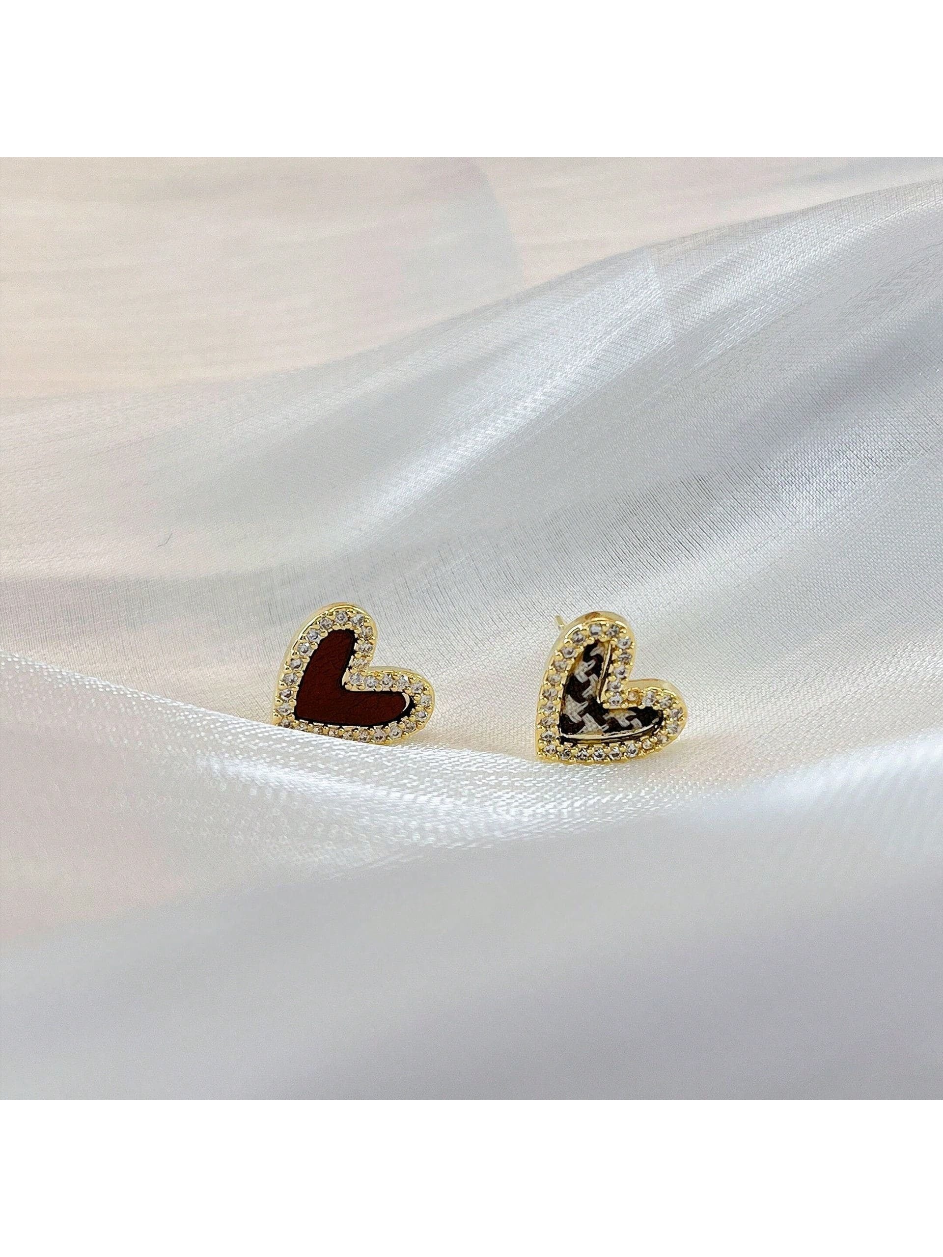 Vintage Exquisite Tiny Grid Bird & Heart Design Stud Earrings With Micro Inlaid Zirconia, Women'S Sweet And Cute Fashion Jewelries-Gold-1