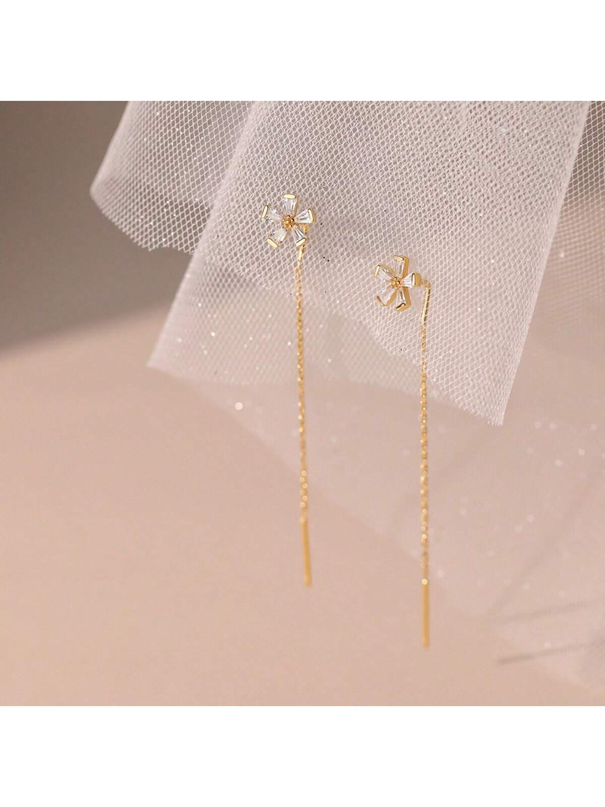 1pair S925 Sterling Silver Zirconia Daisy Tassel Ear Thread Earrings, Elegant Chic Design, Autumn/Winter New Collection, With Gift Box, Perfect Gift For Valentine'S Day, Birthday, Anniversary, Christmas Or New Year--1