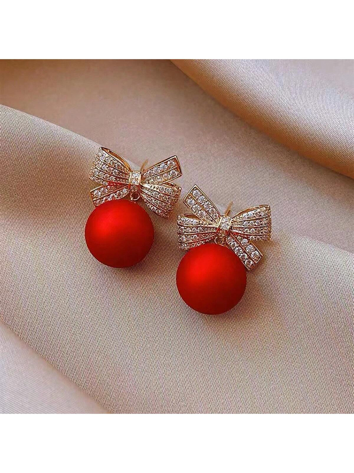 1pair Fashionable Red Bowknot & Pearl Earrings-Red-1