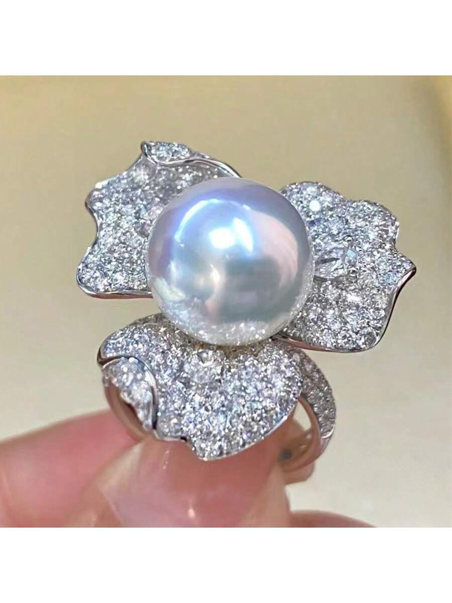 Women's Fashionable & Elegant Flower & Pearl Ring-Silver-1