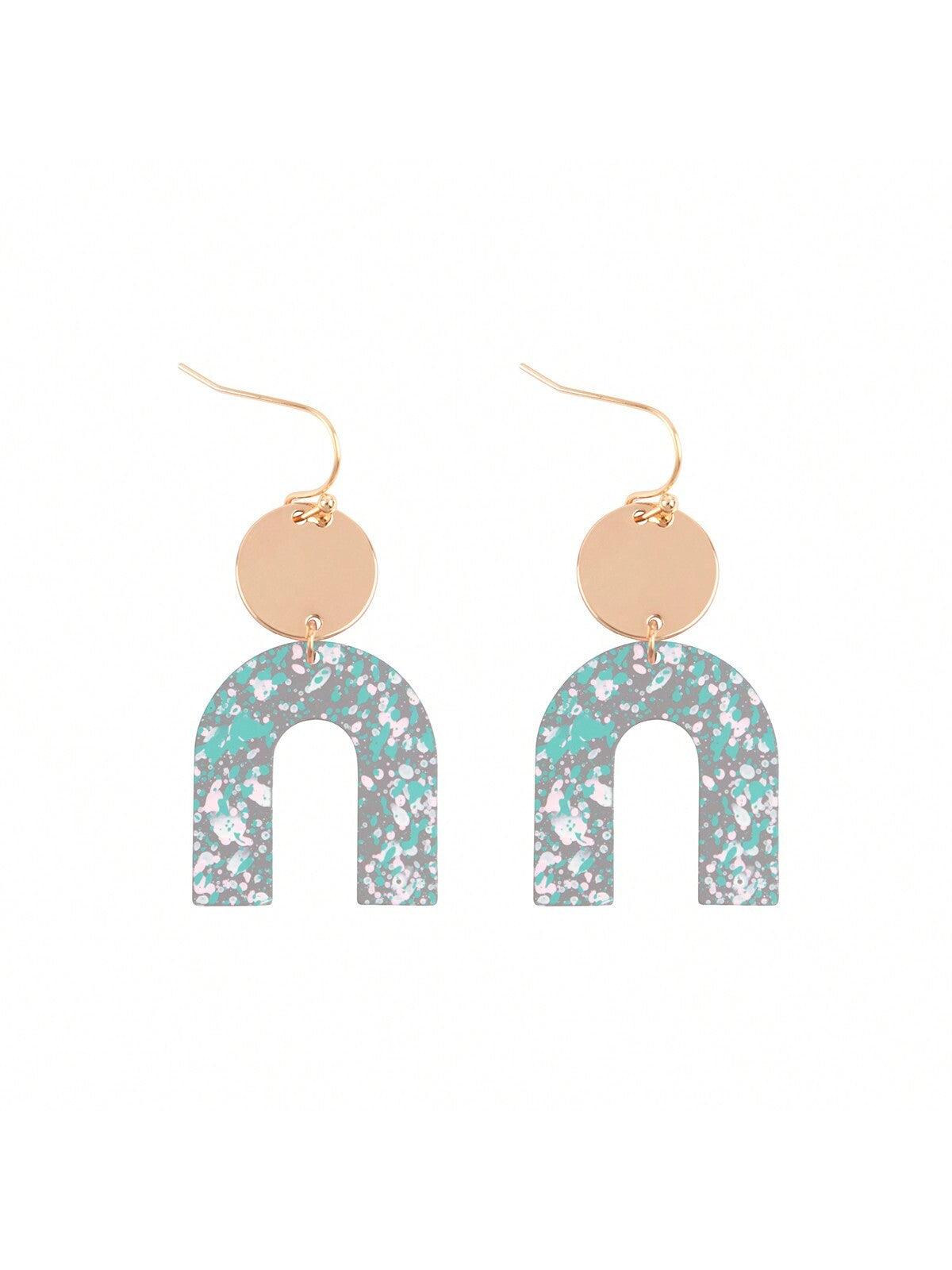 U Upside Down Splatter Print Drop Fish Hook Earrings-MATTE GOLD GRAY-1