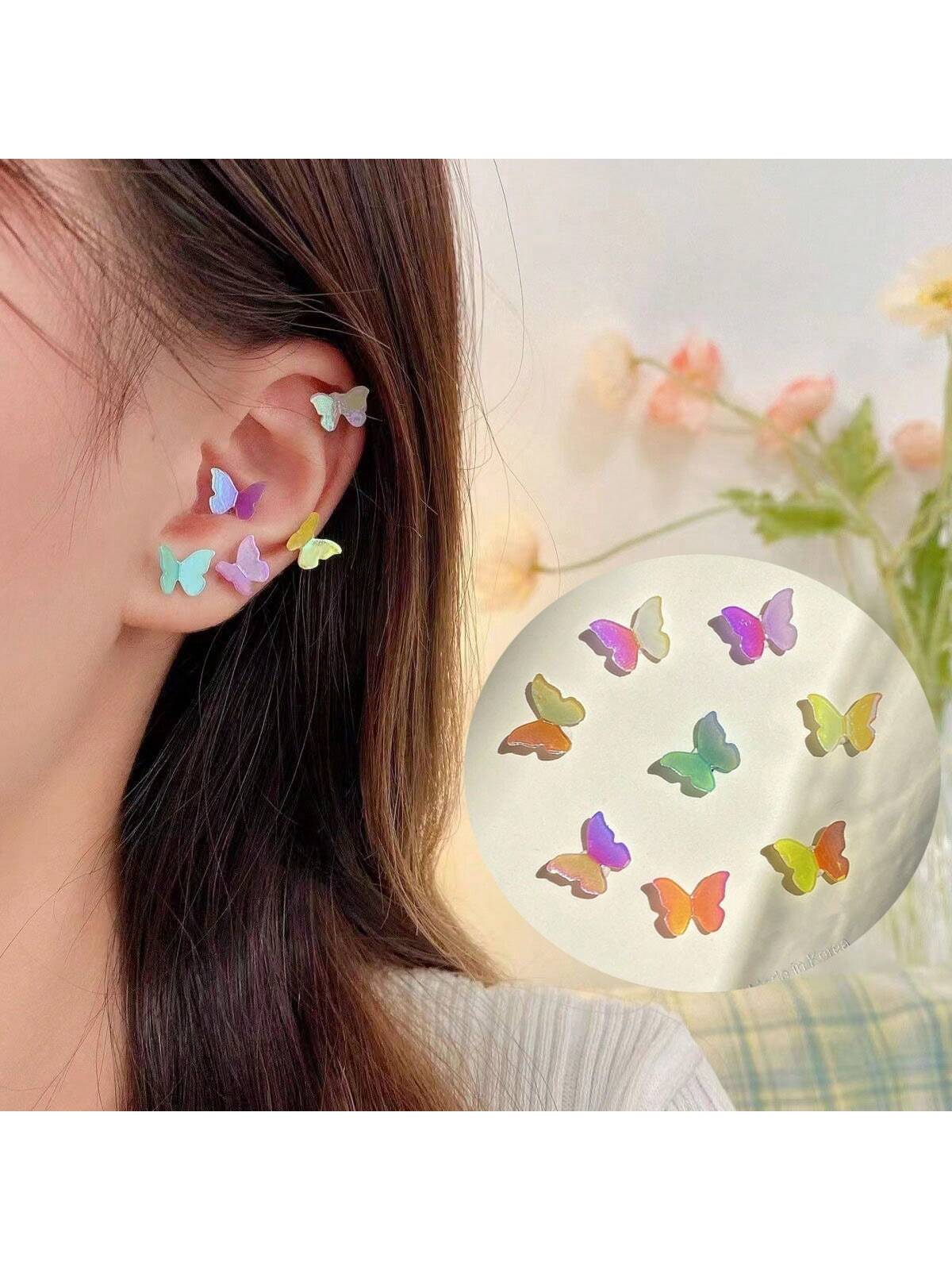 Silver needle 8 color super fairy three-dimensional daylighting color changing acrylic butterfly stud set combination gentle retro smart Sentie earrings Simple Macaron series color lovely sweet temperament earrings-Multicolor-1