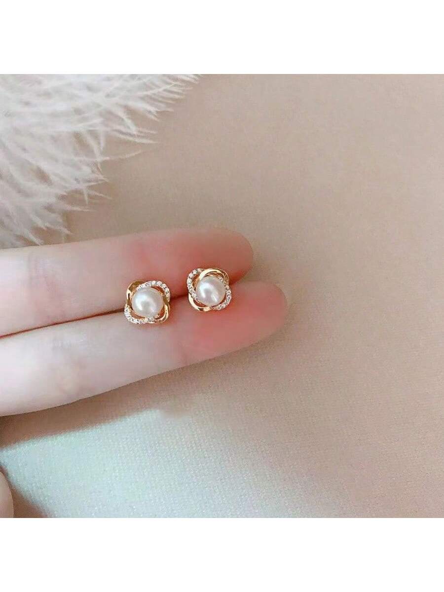 1pair Elegant & Sophisticated Pearl & Rhinestone Decor Stud Earrings For Women, Perfect For Daily Wear-Gold-1