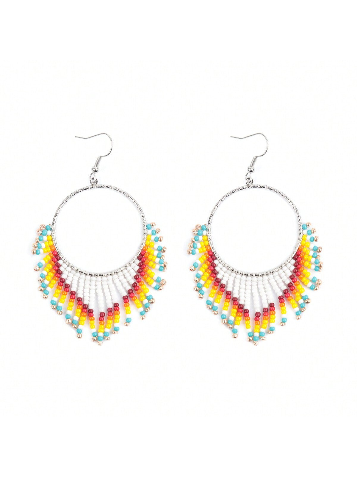 Boho Hoop Seed Beads Fringe Fish Hook Earrings-White-1