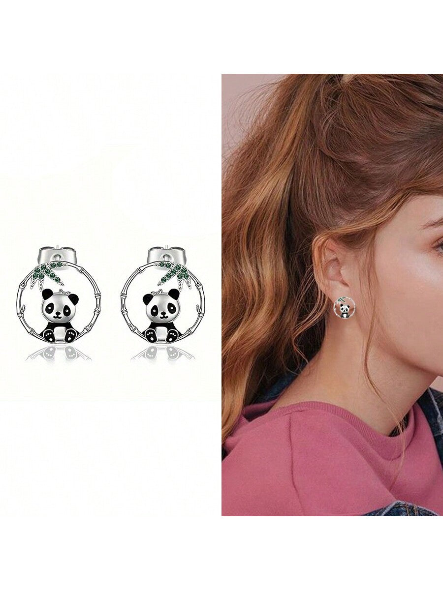 1pair Panda Earrings For Girls Teens Women, 925 Sterling Silver & Cubic Zirconia, Hypoallergenic Animal Ear Studs, Birthday Christmas Gift-Silver-1