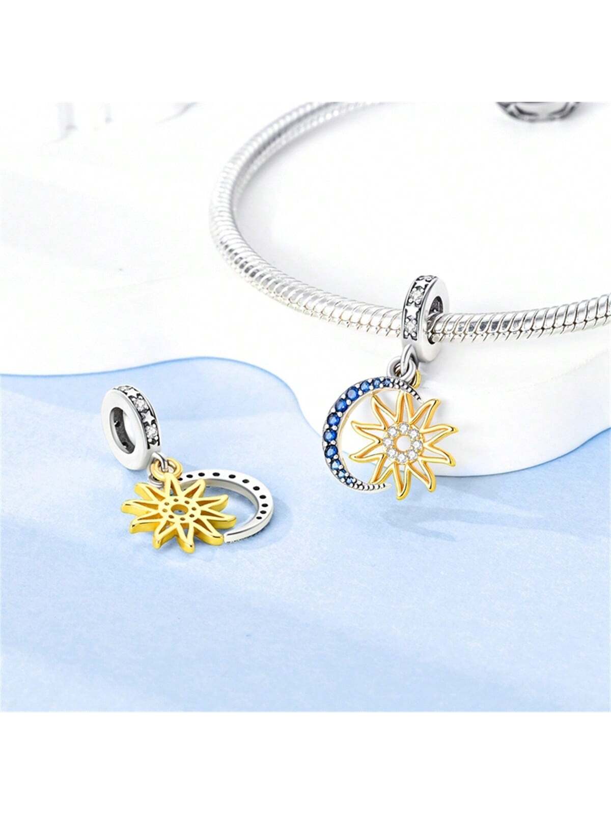 1pc 925 Sterling Silver Gold/Yellow/Blue Moon & Stars Shaped Pendant With Inlaid Rhinestones, Perfect For Diy Bracelet, Necklace, Gift For Mom Or Girlfriend-Apricot-1