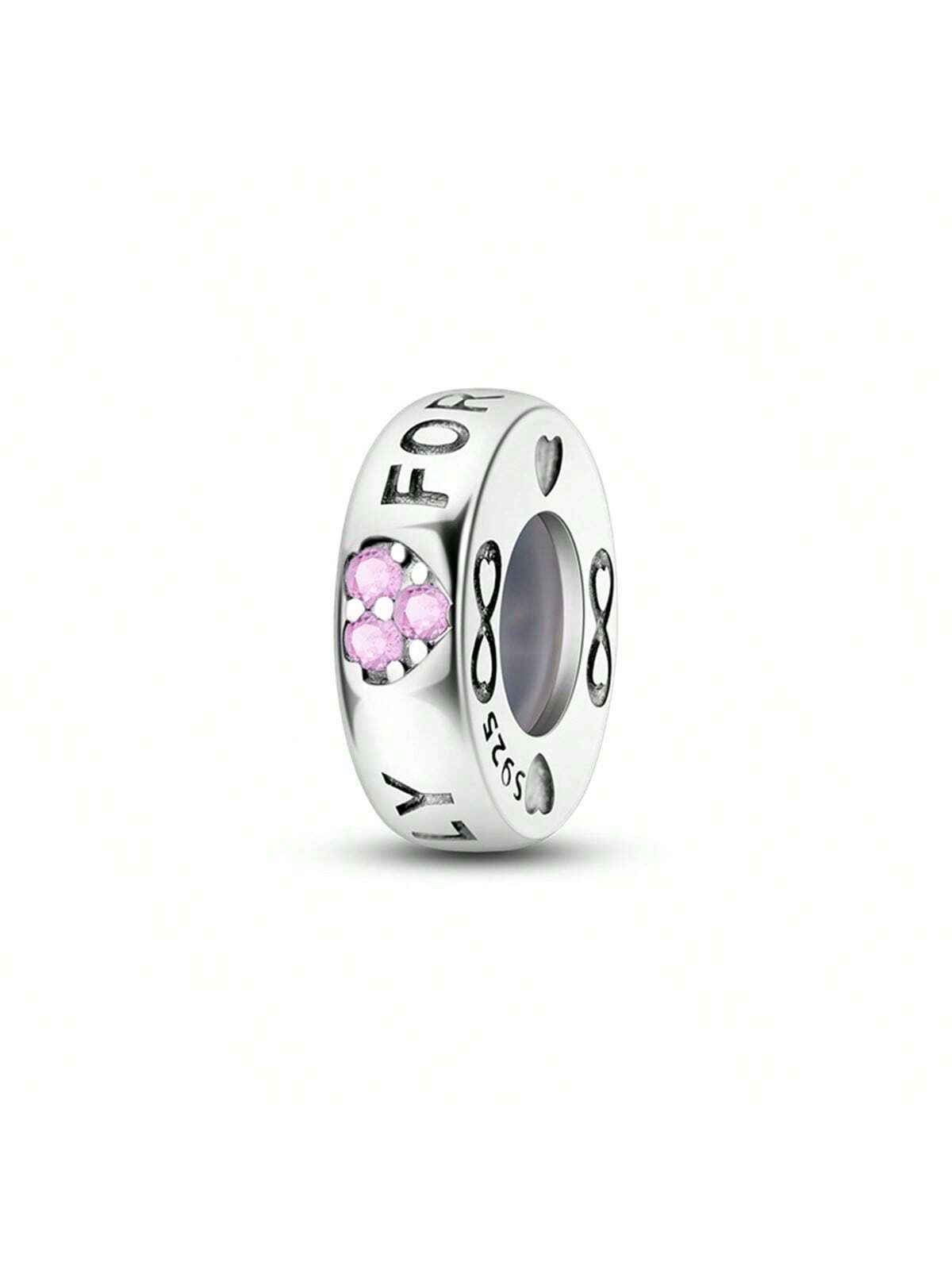 1pc 925 Sterling Silver Eternity Family Spacer Bead With Pink Heart Shape & Letter Detail, Suitable For Diy Bracelet & Necklace, Water Safe, For Mom, For Girlfriend-Apricot-1