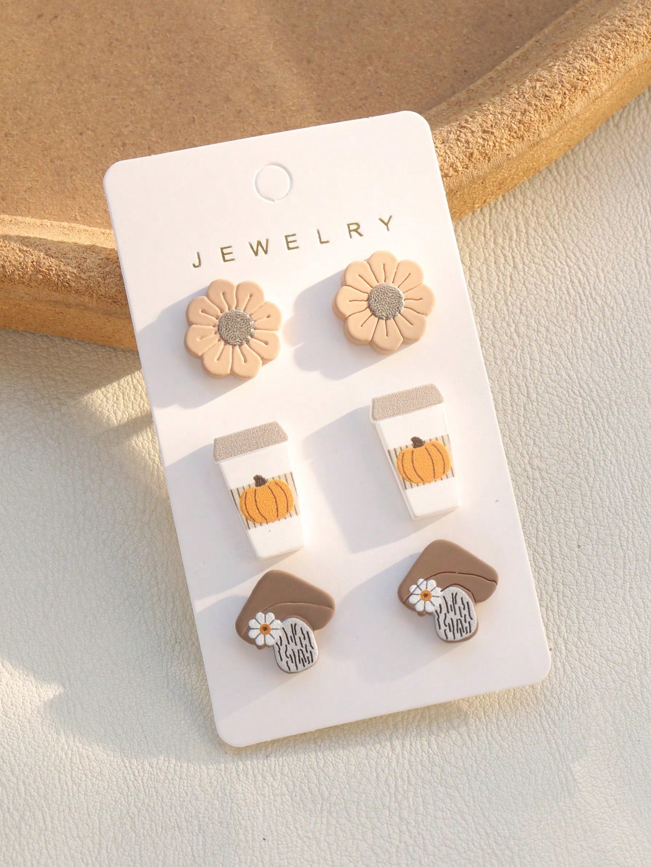 3pairs/Set Cute Mushroom & Flower Shaped Acrylic Earrings With Ceramic Texture For Ladies' Daily Wear-Multicolor-1