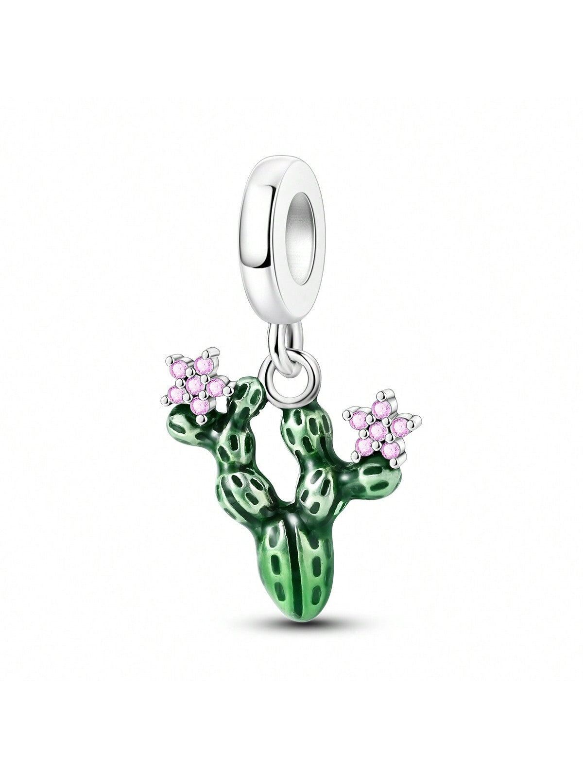 1pc Silver-Plated Cute Green Cactus & Flower With Dripping Oil Effect Zirconia Pendant For Diy Bracelet And Necklace Making-Silver-1