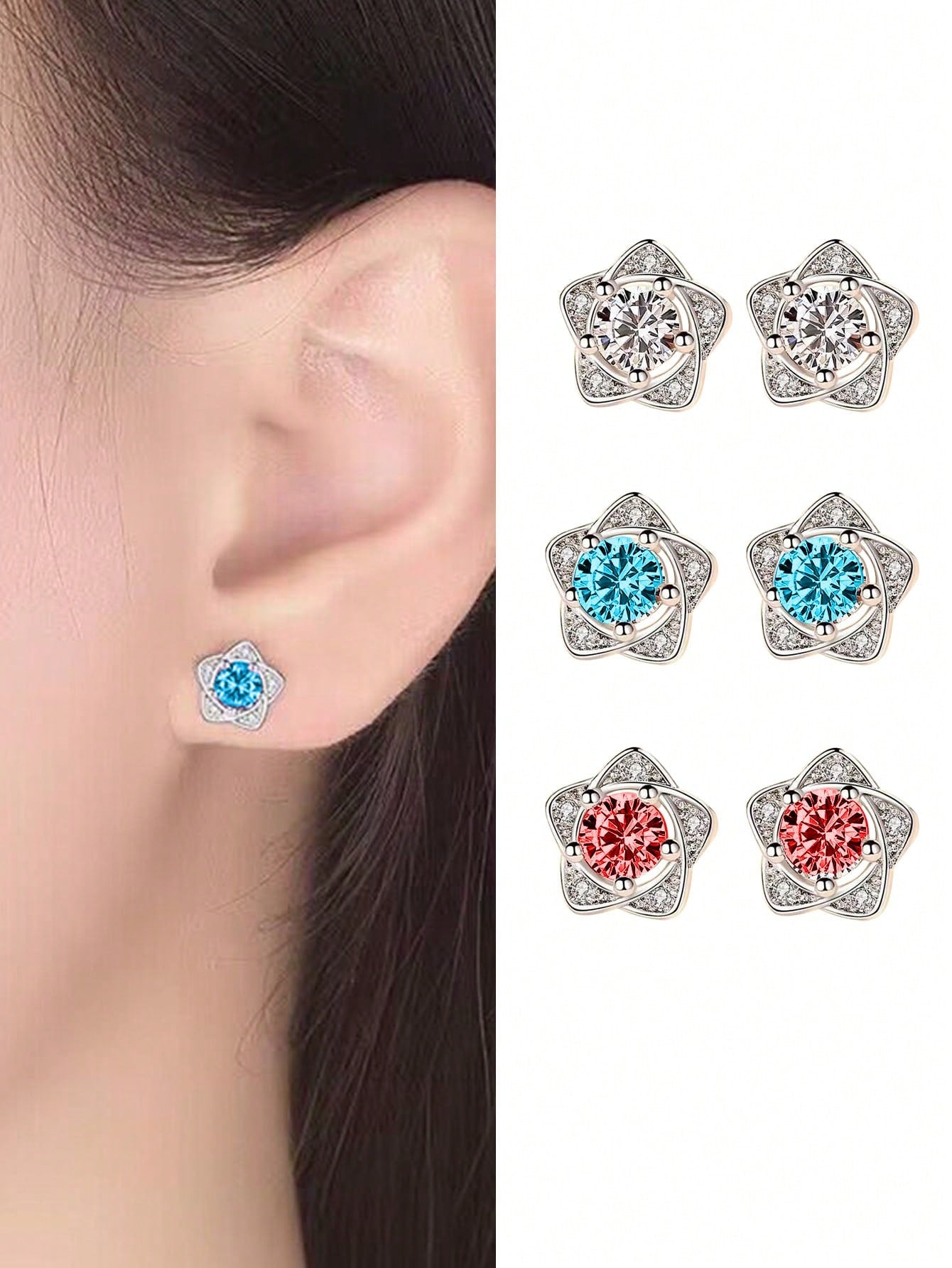 Star Design Fashionable Earrings With Round Cut Cubic Zirconia, Ideal For Couples Matching Jewelry Gift-Multicolor-1