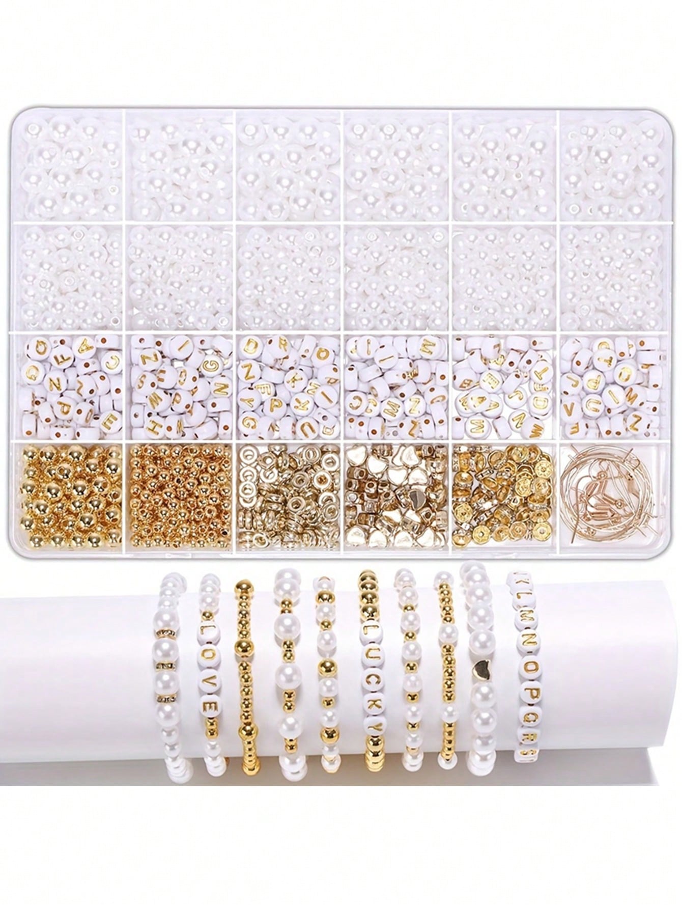 24 Grids Golden Color Beads Acrylic Pearl Crystal Beads Kit For Jewelry Making DIY Adults Charm Bracelet Necklace String Making Kit Girls Craft Supplies--1