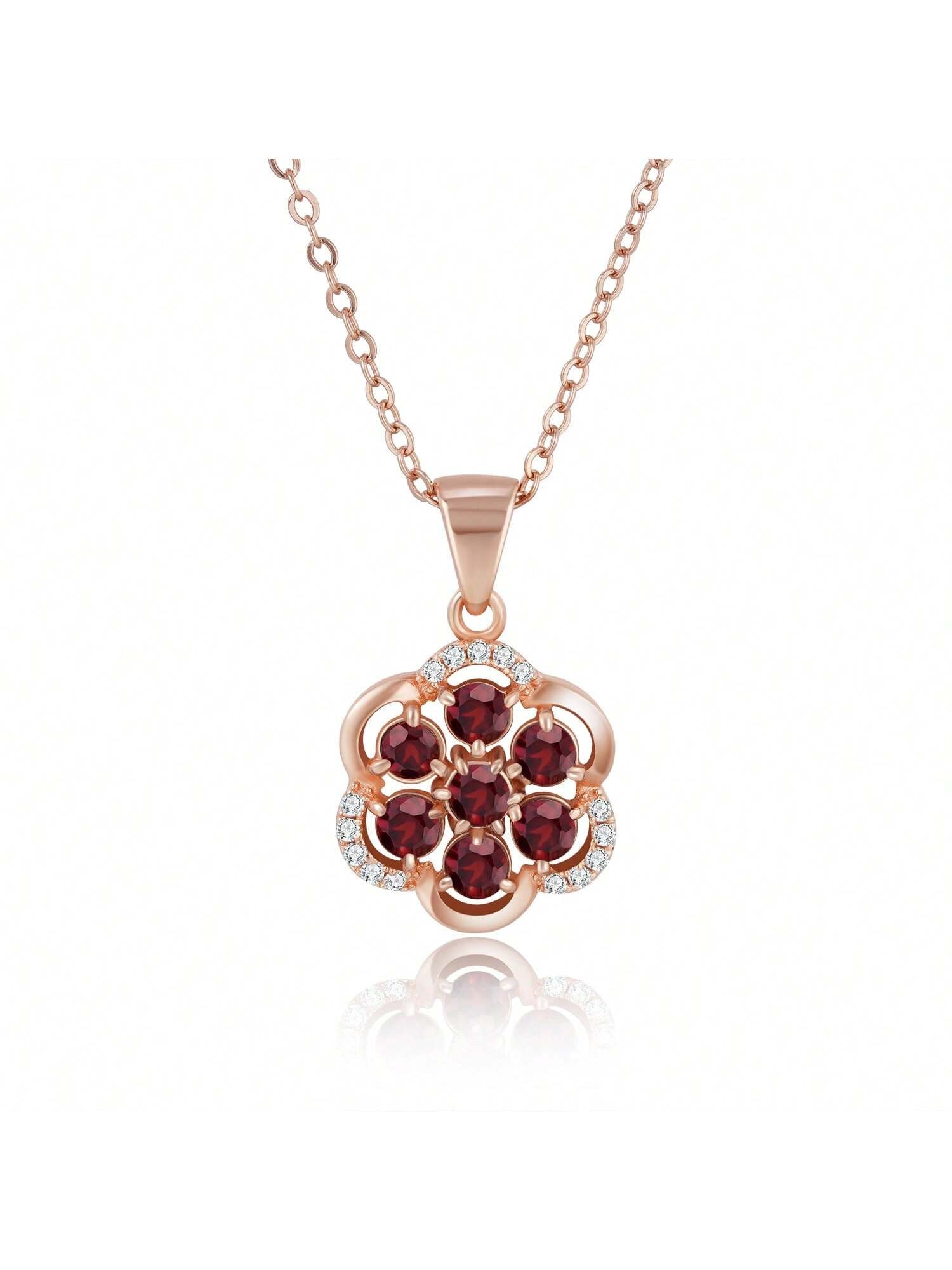 3mm Round Natural Garnet Flower Pendant Necklace With 18k Rose Gold Plated Collarbone Chain For Women'S Daily Jewelry-Red-1