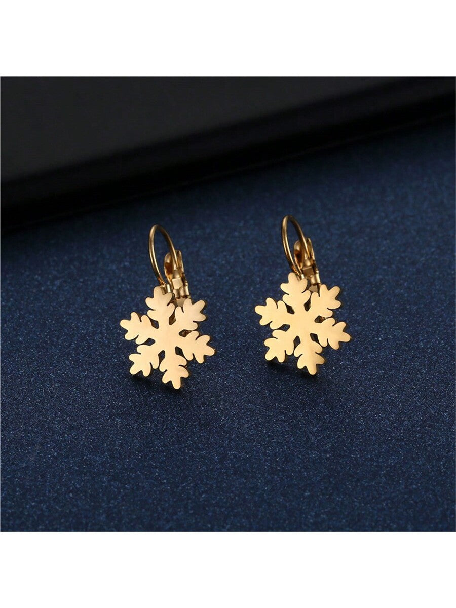 1pc Stainless Steel Laser-Cut Snowflake Earring For Women, 18k Gold-Plated, Christmas Themed Ear Accessory, Ideal For Birthday / Gift / Party-Yellow Gold-1