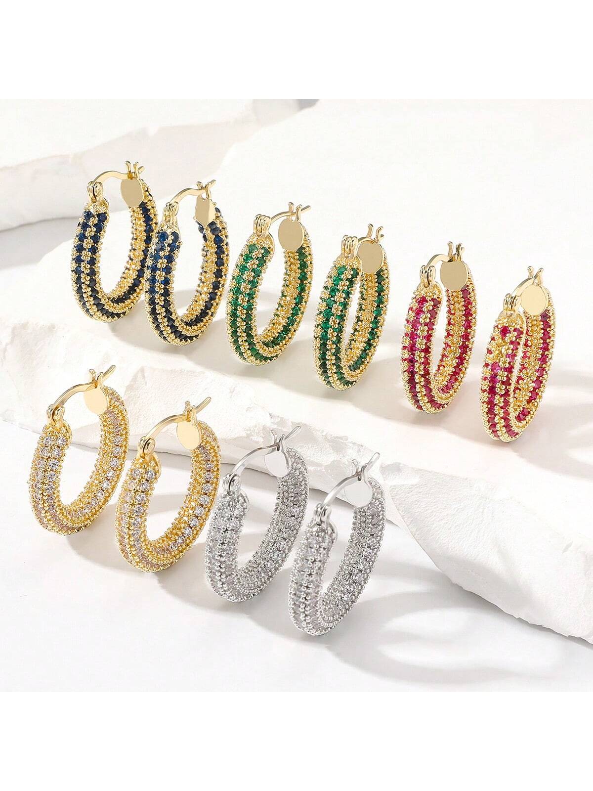 1pair Fashionable Personalized Geometric Hip-Hop Style Ear Clip With Colored Cz For Women--1