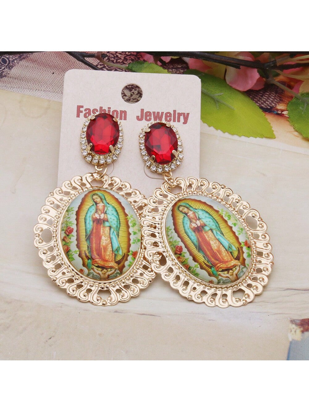 1pair Women'S Classic Multi-Color Jesus & Rhinestone Design Large Hoop Earrings-Red-1