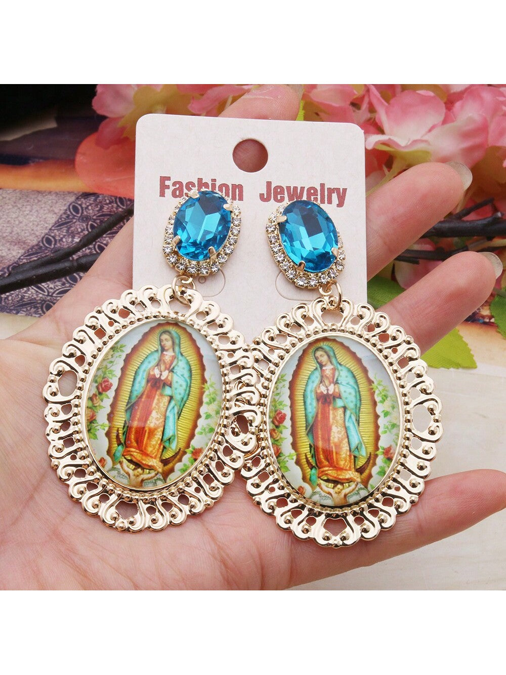 1pair Classic Women'S Multicolor Jesus & Rhinestone Statement Earrings-Blue-1