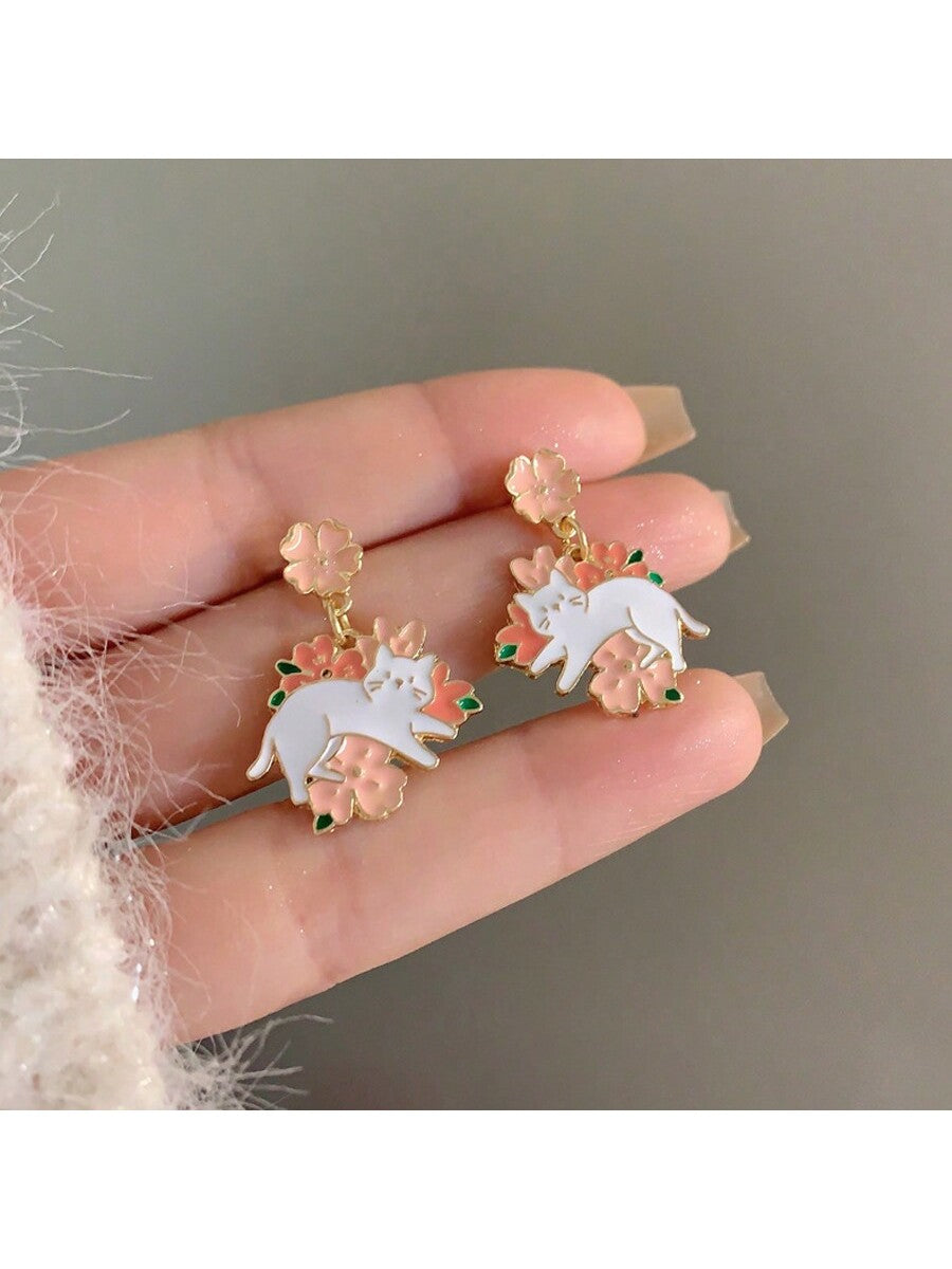 1pair Valentine'S Day Earrings In Bold Colors, Playful Cat-Shaped Stud Earrings With Lovely Drip Flower Dangle, Fresh & Sweet Ideal Festival Gifts For Best Friends Or Girls-Multicolor-1