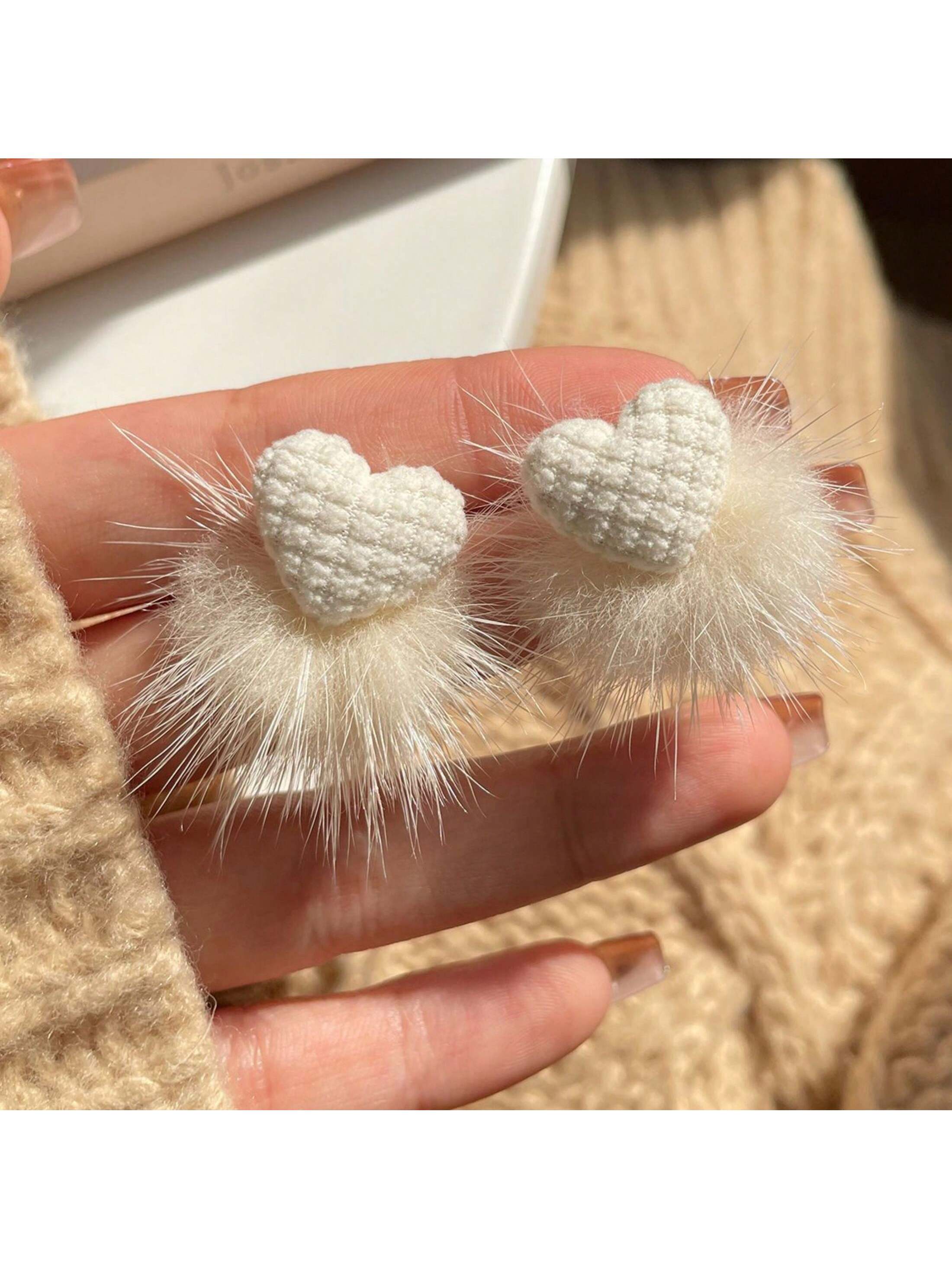 Ambience Ball Design Colored Heart Shape Fur Ball Earrings For Women, Silver Pin, New Sweetheart Style Trendy And Versatile Earrings-White-1