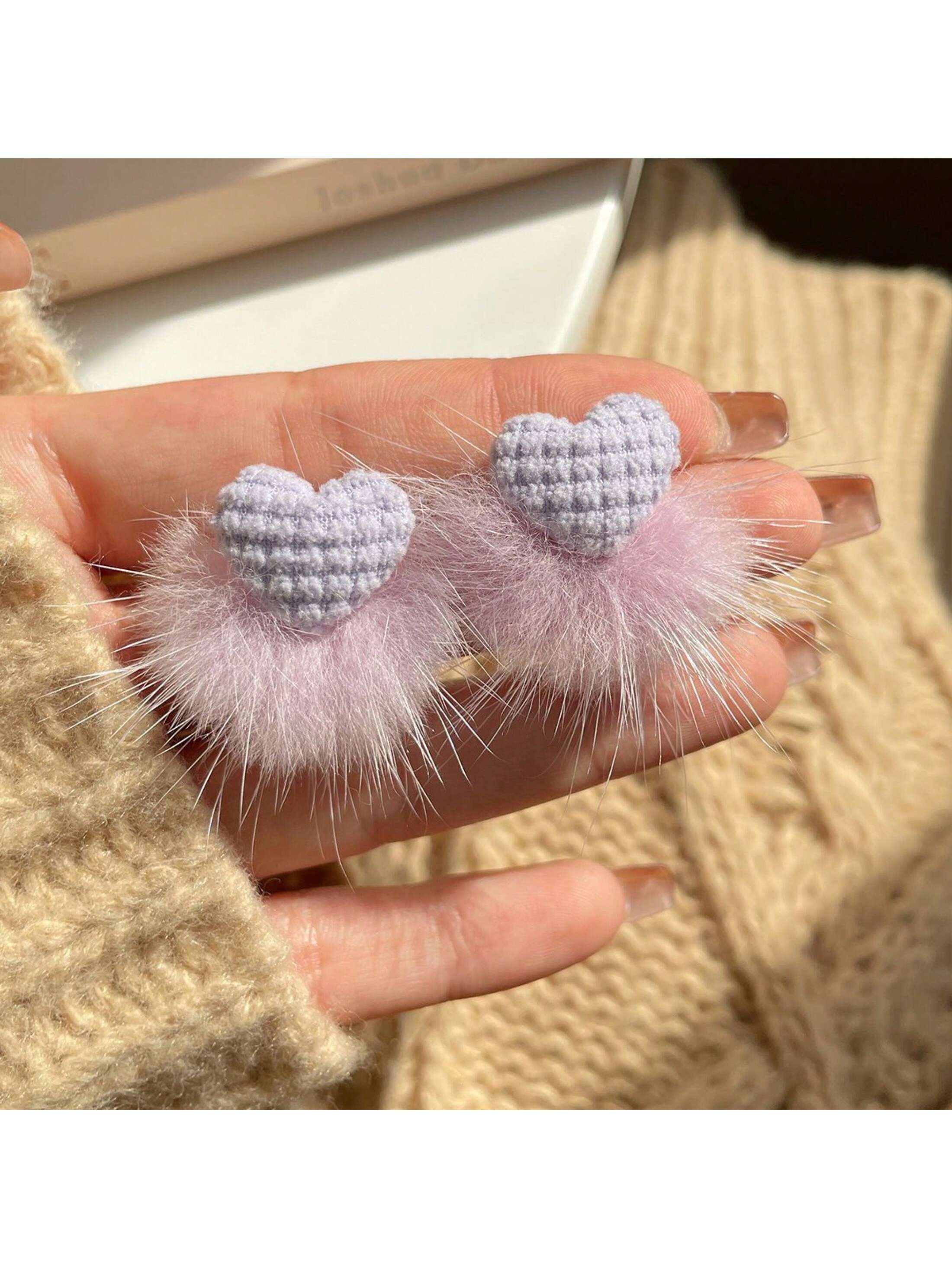 Atmospheric Fur Ball & Colored Heart Shaped Ear Studs With Silver Needle, Autumn & Winter New Sweet Girl'S Must-Have Accessory-Purple-1