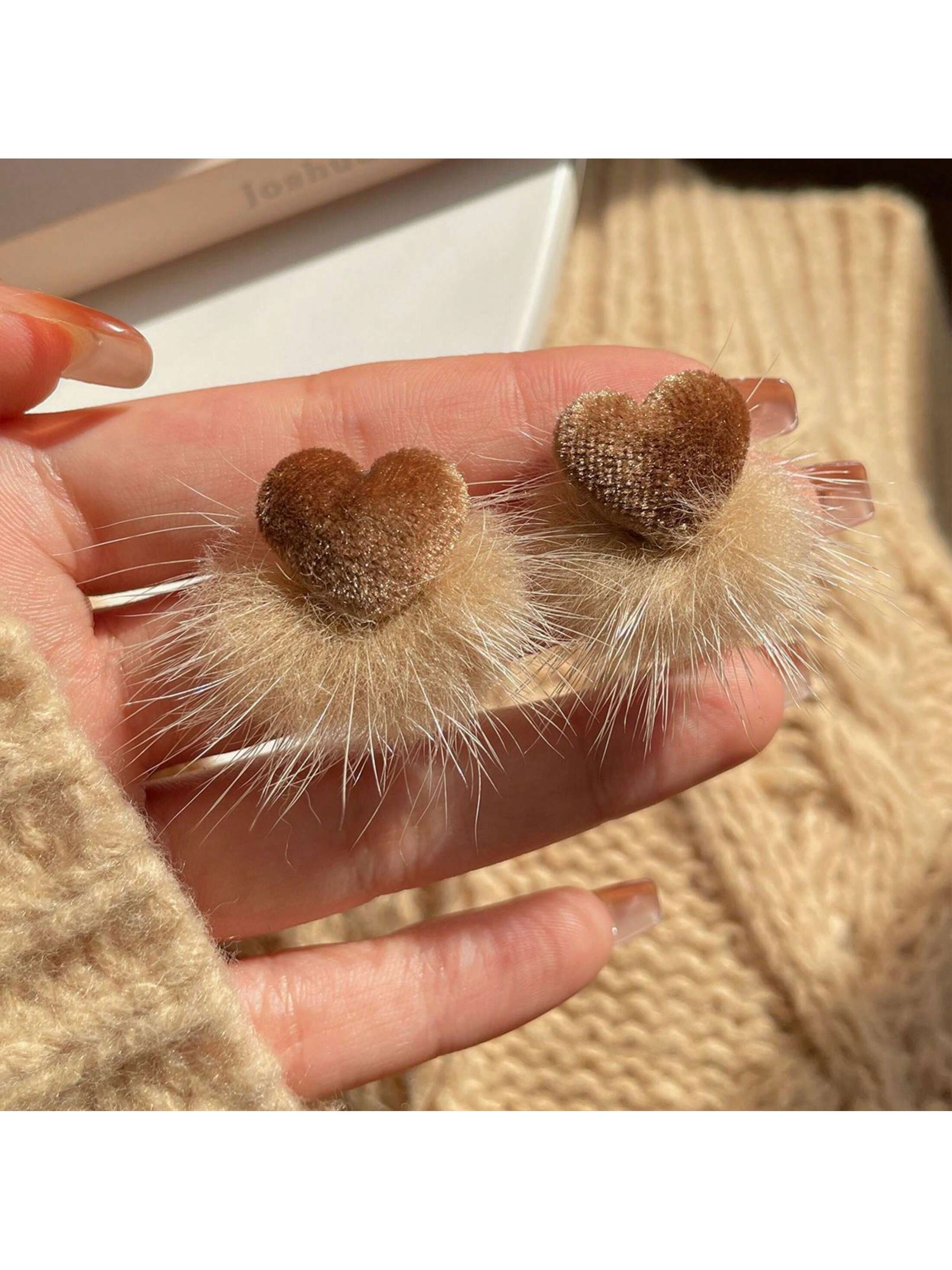 Winter Trendy & Atmospheric Pom Pom Earrings With Colorful Love Heart Design For Women, New Arrival-Coffee-1