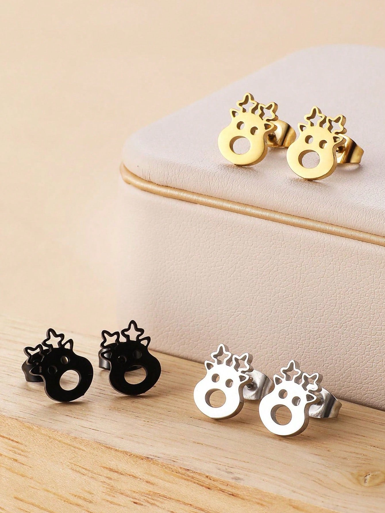 1pair Stainless Steel Christmas Reindeer Stud Earrings, Fashionable & Sweet & Multifunctional, Ideal Gift For Boyfriend/Husband On Daily Occasion--1