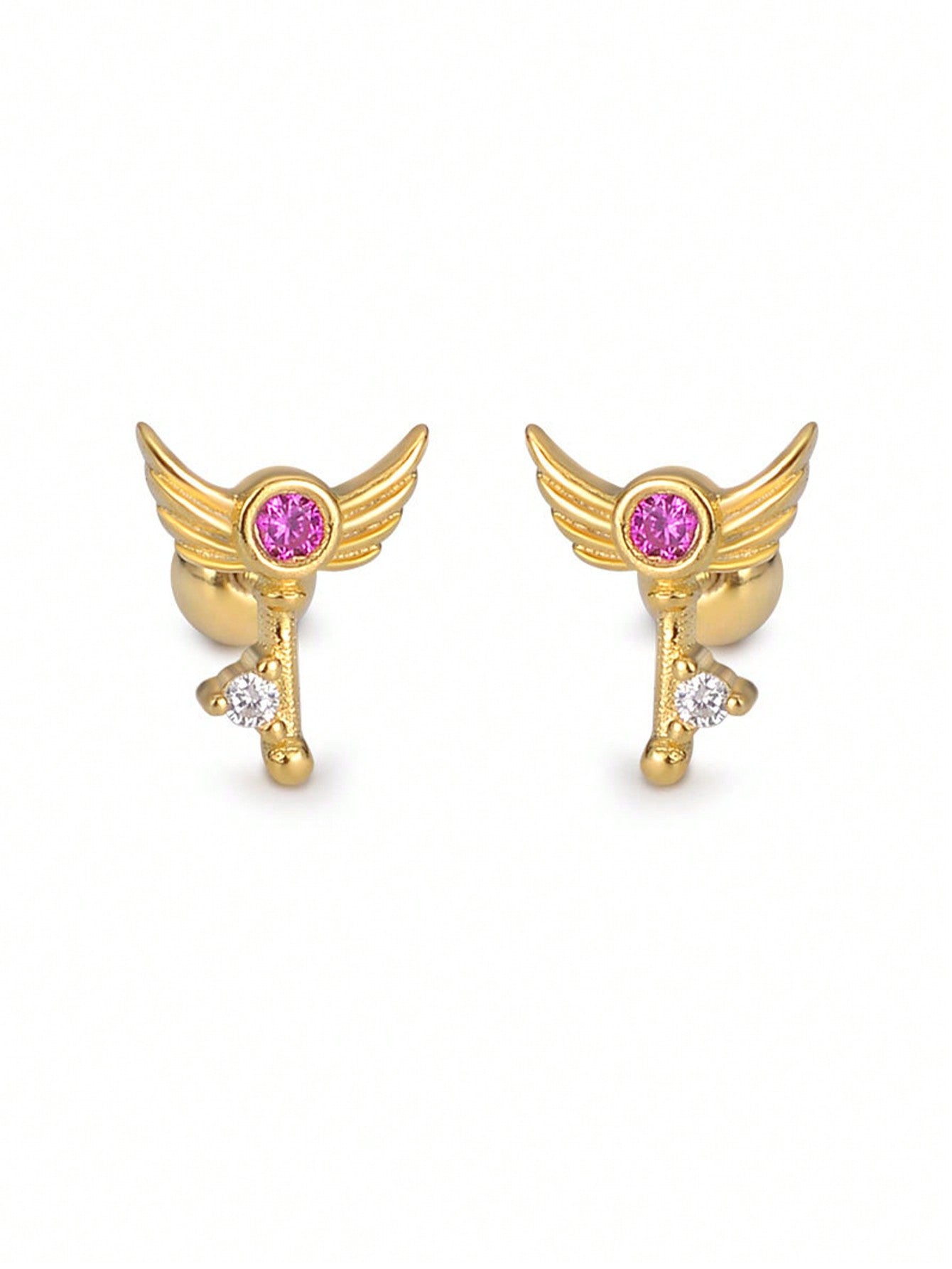 1pair S925 Silver Gold-Plated Magic Wand & Rhinestone Decor Cute, Sweet, Chic Stud Earrings For Daily Wear, Great Gift For Girlfriend & Best Friend-Gold-1