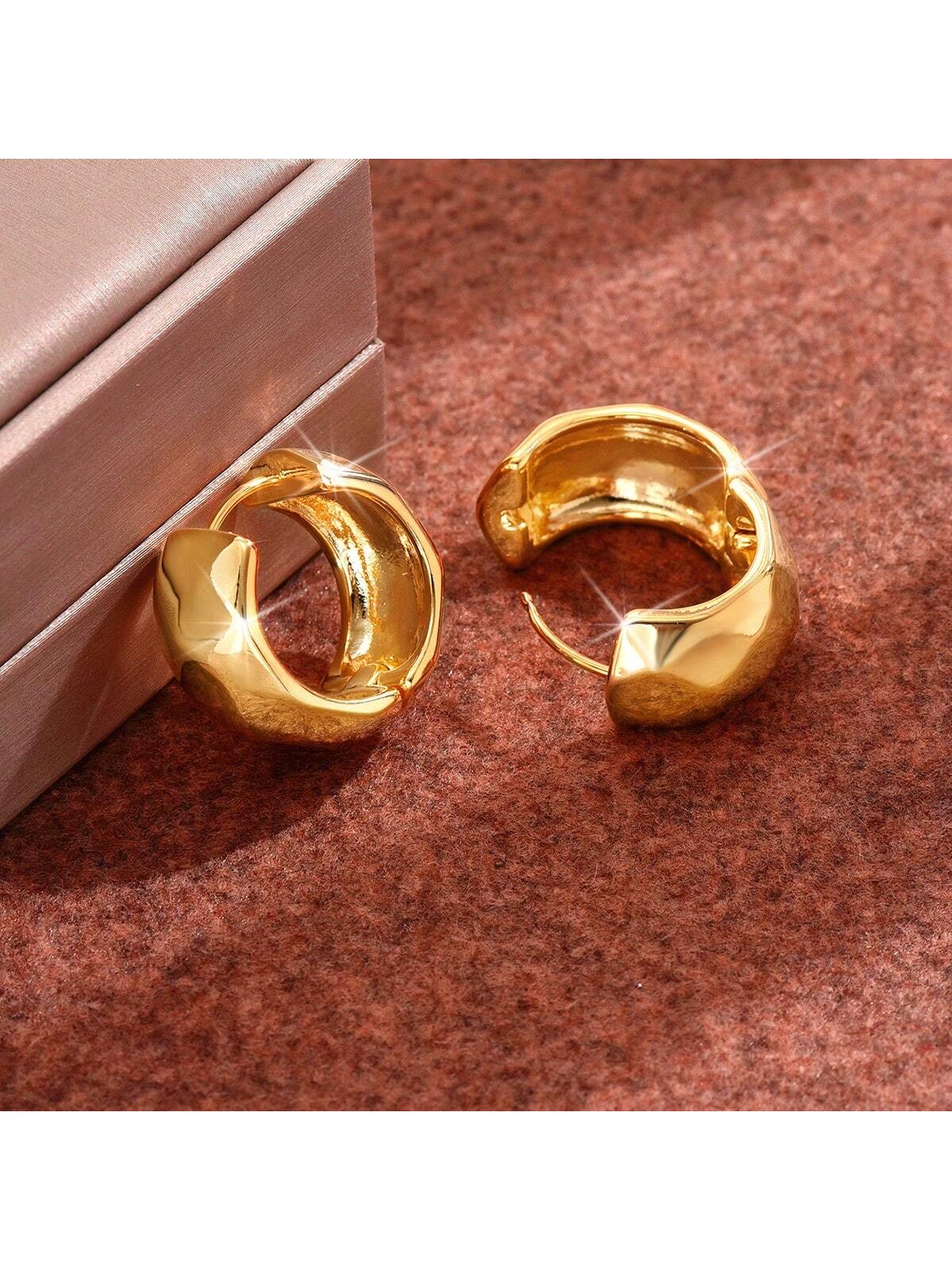 1pair European And American High-End Metal Irregular Geometric Wide Hoop Earrings Womens' Minimalist Fashion Accessories-Gold-1