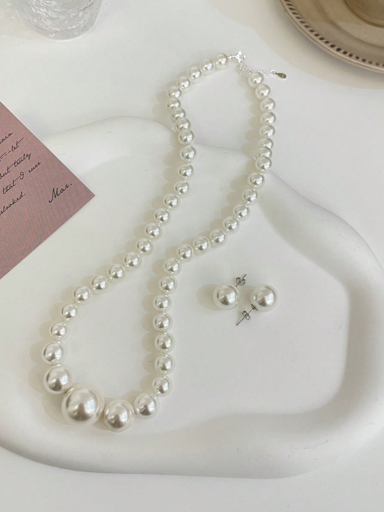 1 Set Simple & Luxurious 925 Silver & Gradually Changing White Pearl Beaded Necklace And Earrings Set Original Handmade Jewelry For Women To Wear At Weddings And Parties-White-1