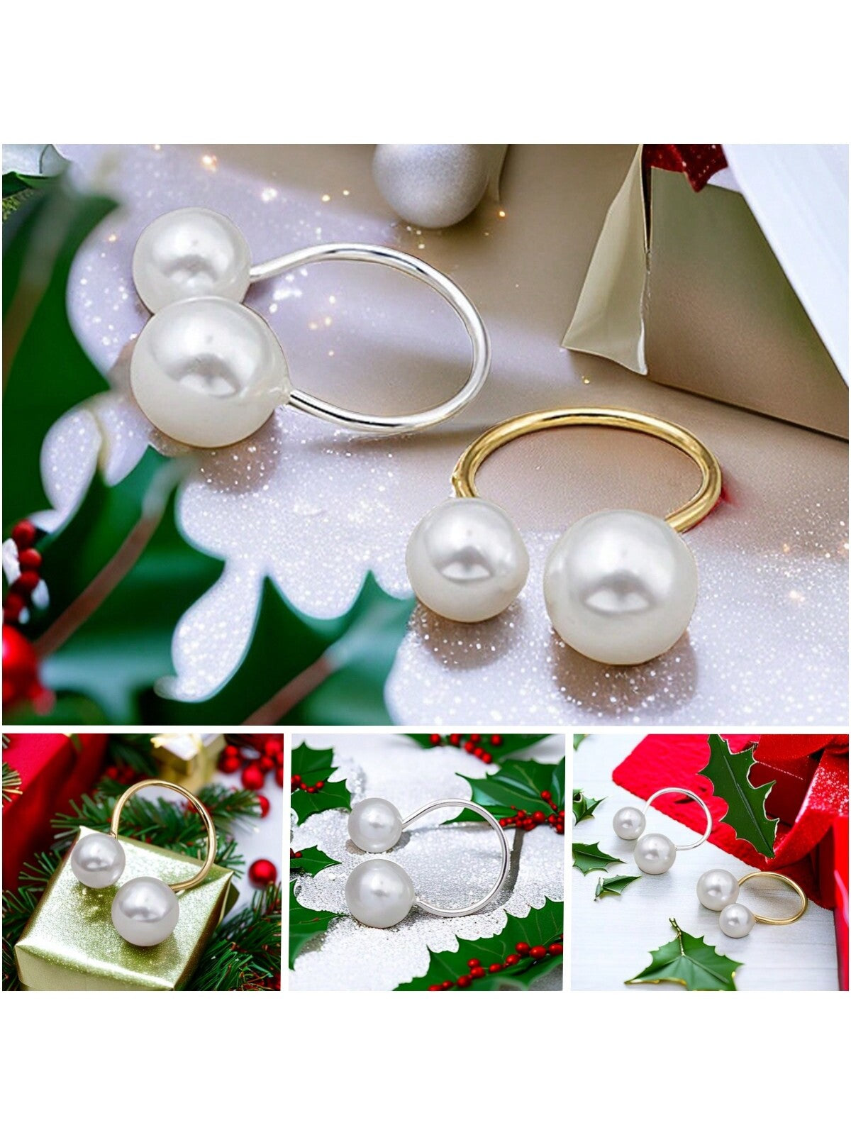 1pc Milky White Ball Shaped Inlaid Adjustable Ring With Different Sizes Of Pearls--1