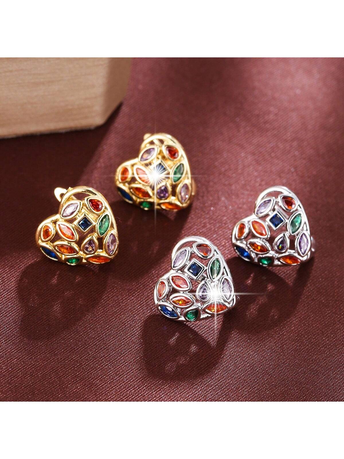 1pair Fashionable Copper Heart Shaped Earrings With Colored-Multicolor-1