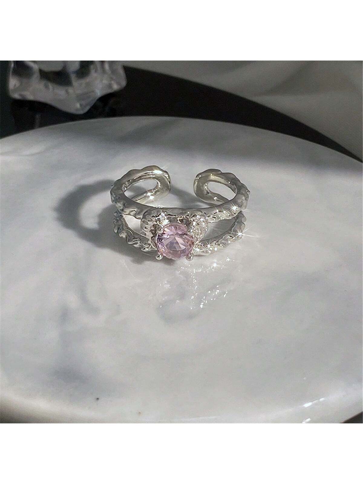 1 Luxurious Y2k Pink Cubic Zirconia Heart-Shaped Open Single Ring Suitable For Women'S Daily And Wedding Wear-Pink-1