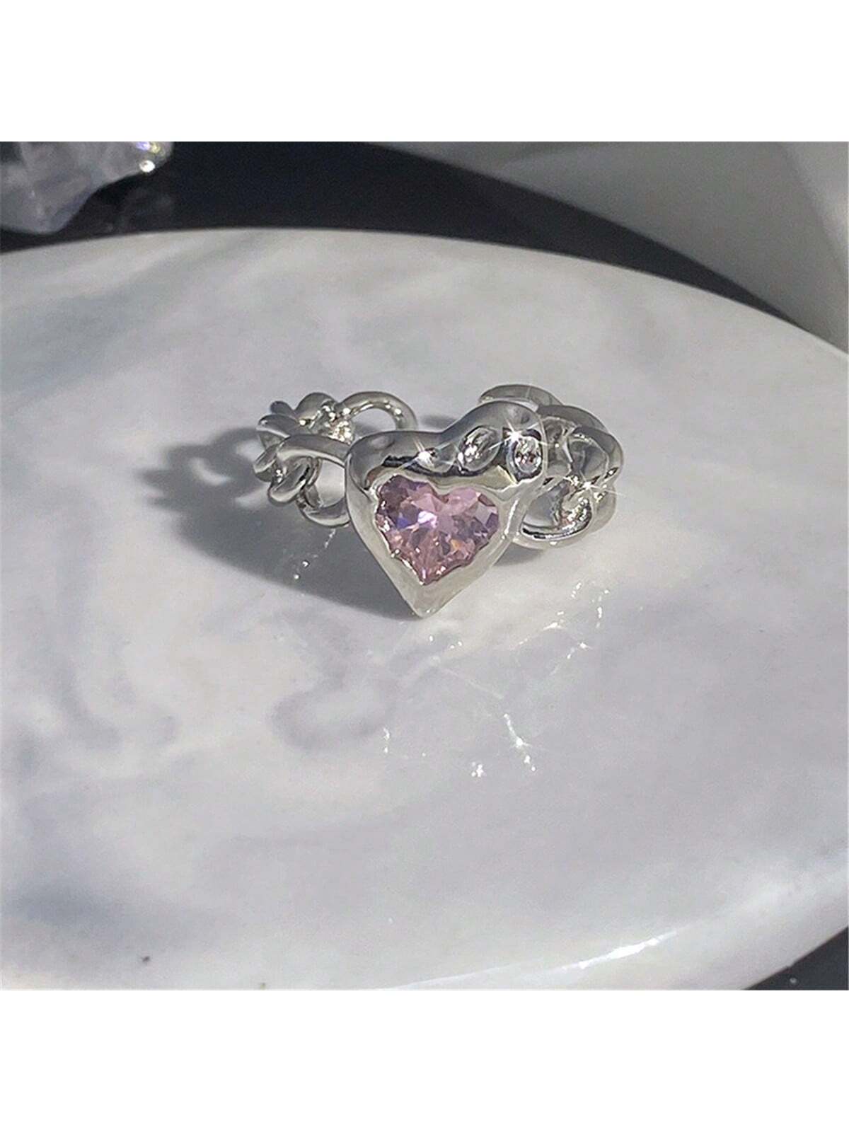 1pc Luxurious Y2k Pink Cubic Zirconia Heart Shaped Open Ring Suitable For Daily Wear And Weddings For Women-Pink-1