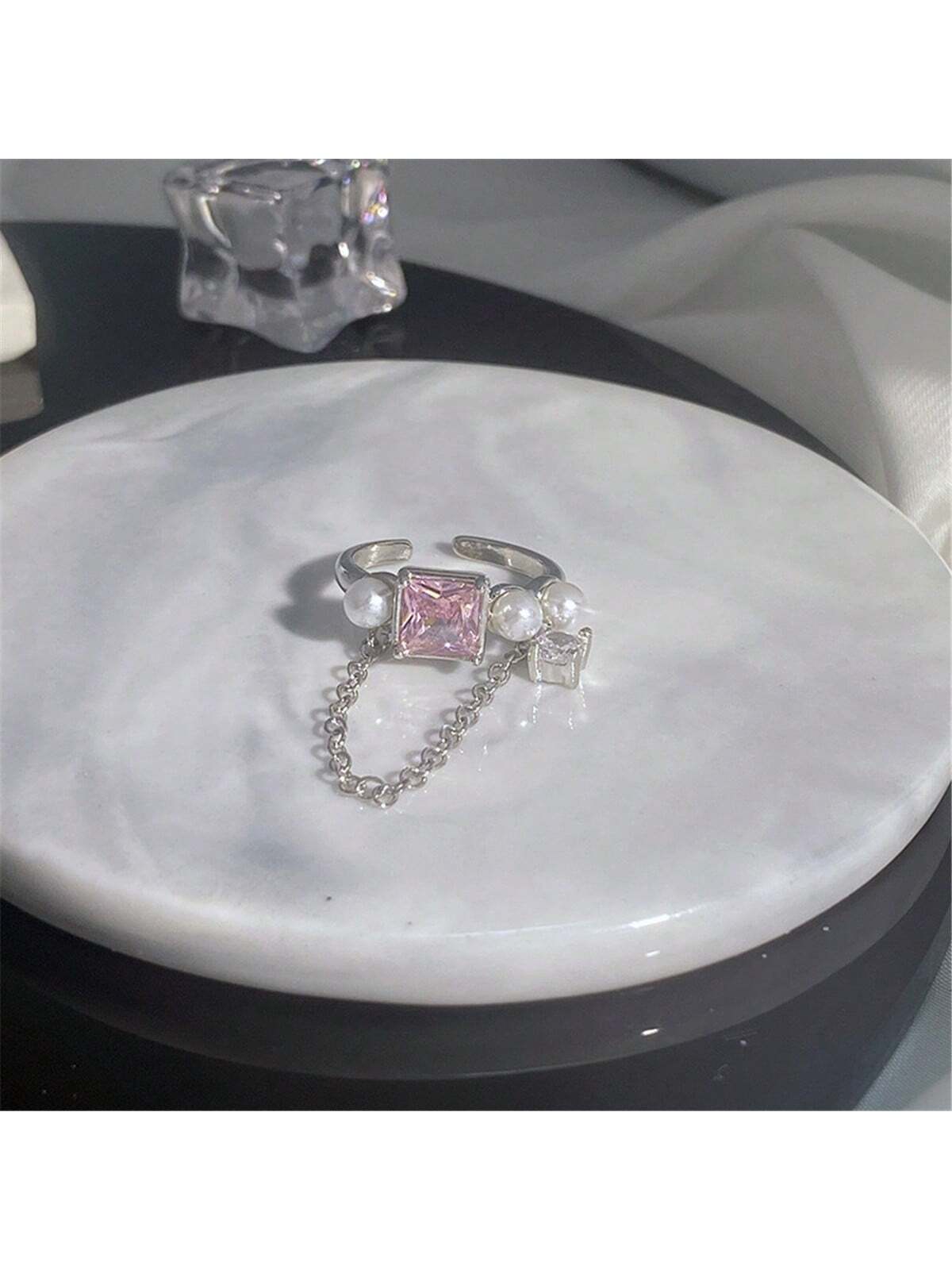 1pc Luxurious Y2k Style Pink Cubic Zirconia Open Ring, Perfect For Women'S Daily And Wedding Wear-Pink-1