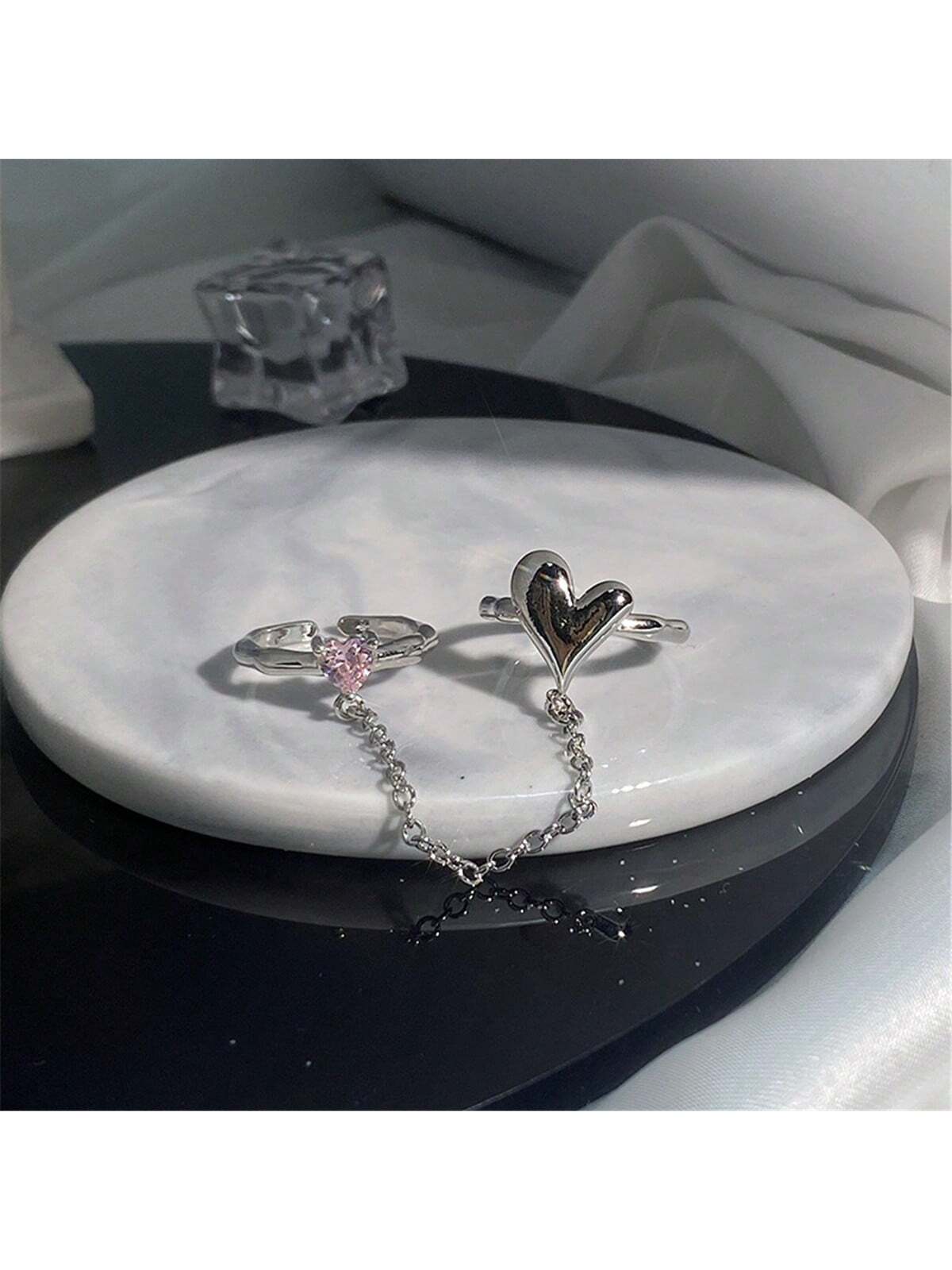 1pc Luxury Y2k Style Pink Cubic Zirconia Heart Shaped Open Circle Ring Suitable For Women Daily Wear And Wedding-Pink-1