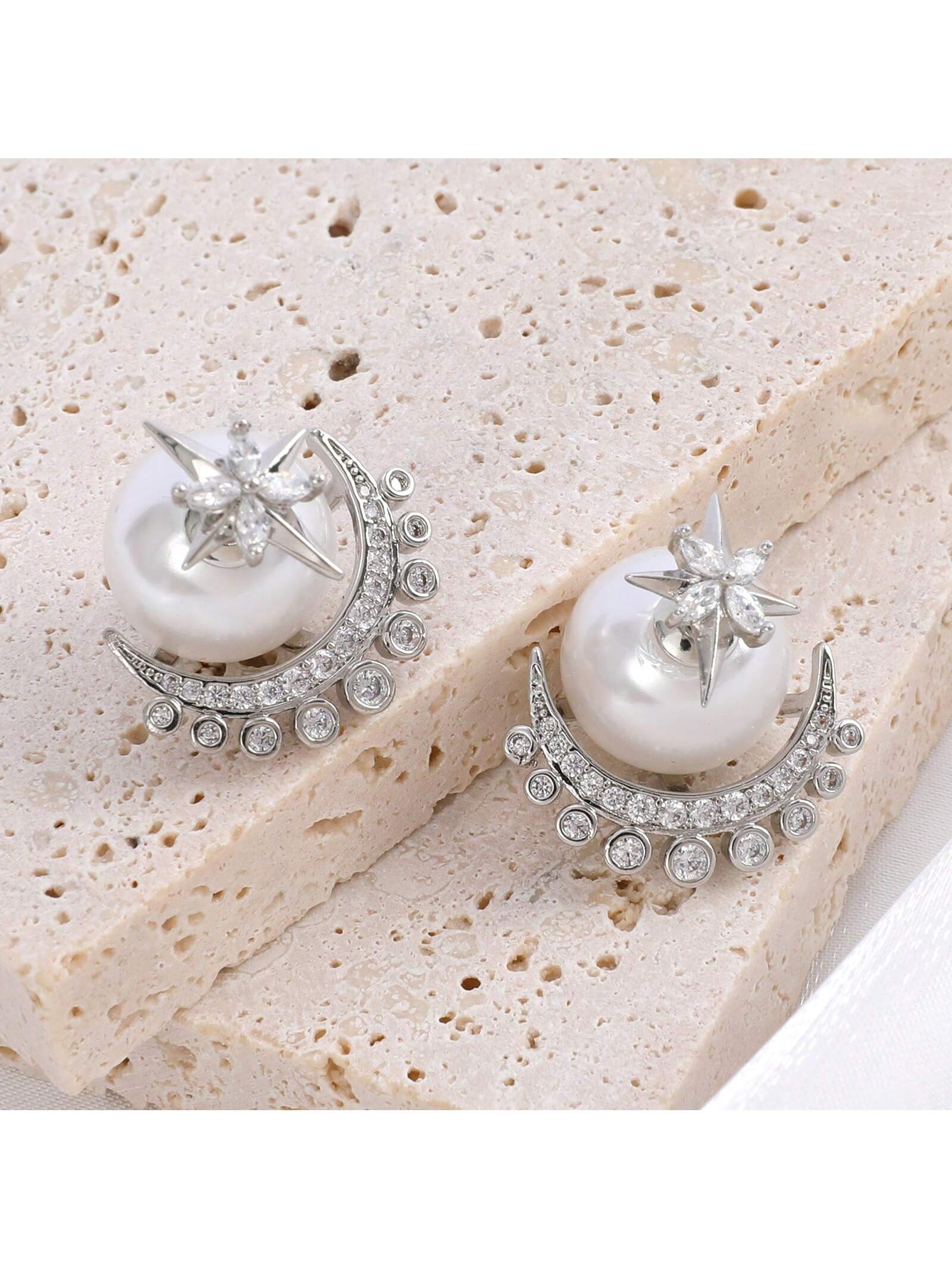 1pair Women'S Chic & High-End Copper Six-Pointed Star Design Earrings Embellished With Rhinestone & Acrylic Pearl, Detachable & Convertible, Suitable For Wearing Both Front And Back-Silver-1