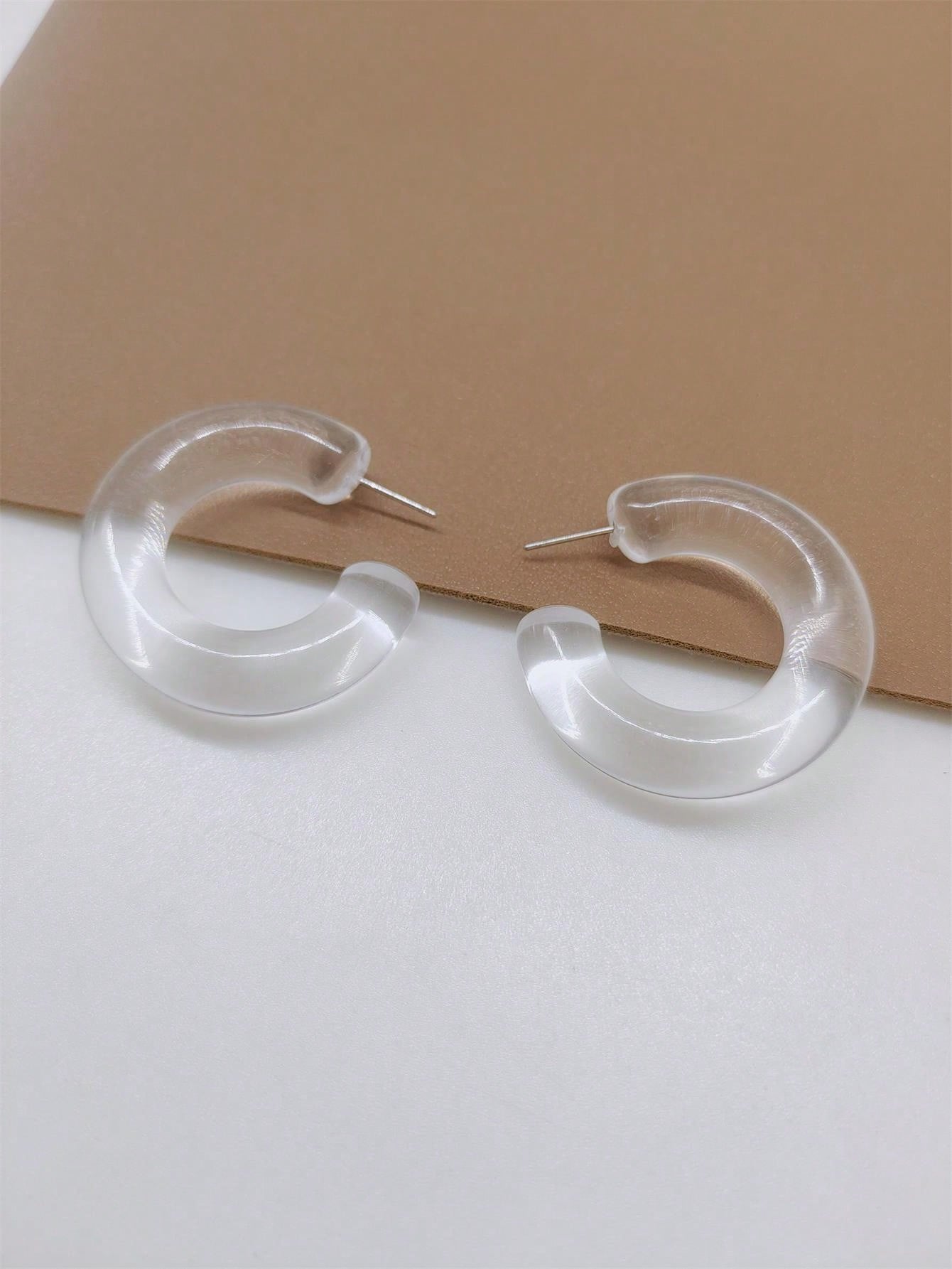 1pair Geometric Transparent Resin Earrings, Chic Simple C-Shaped Large Hoop Stud Earrings For Elegant Outfit-Clear-1