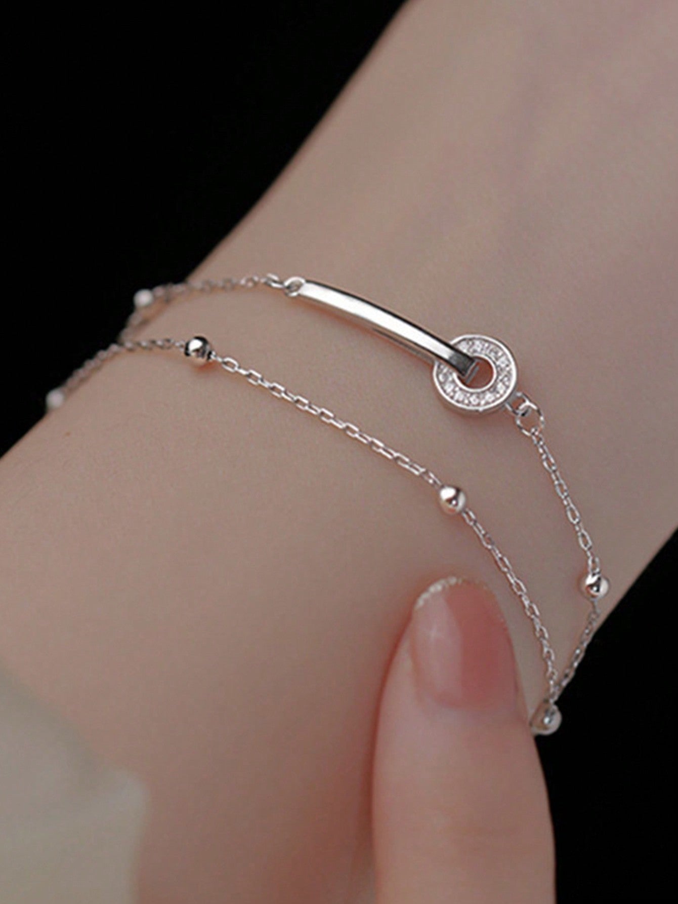 1pc Women's Jewelry S925 Sterling Silver Double Circle Layered Bracelet, Elegant & Delicate Wrist Accessory, Minimalist & Luxury Design, Great Gift For Girlfriend-Silver-1