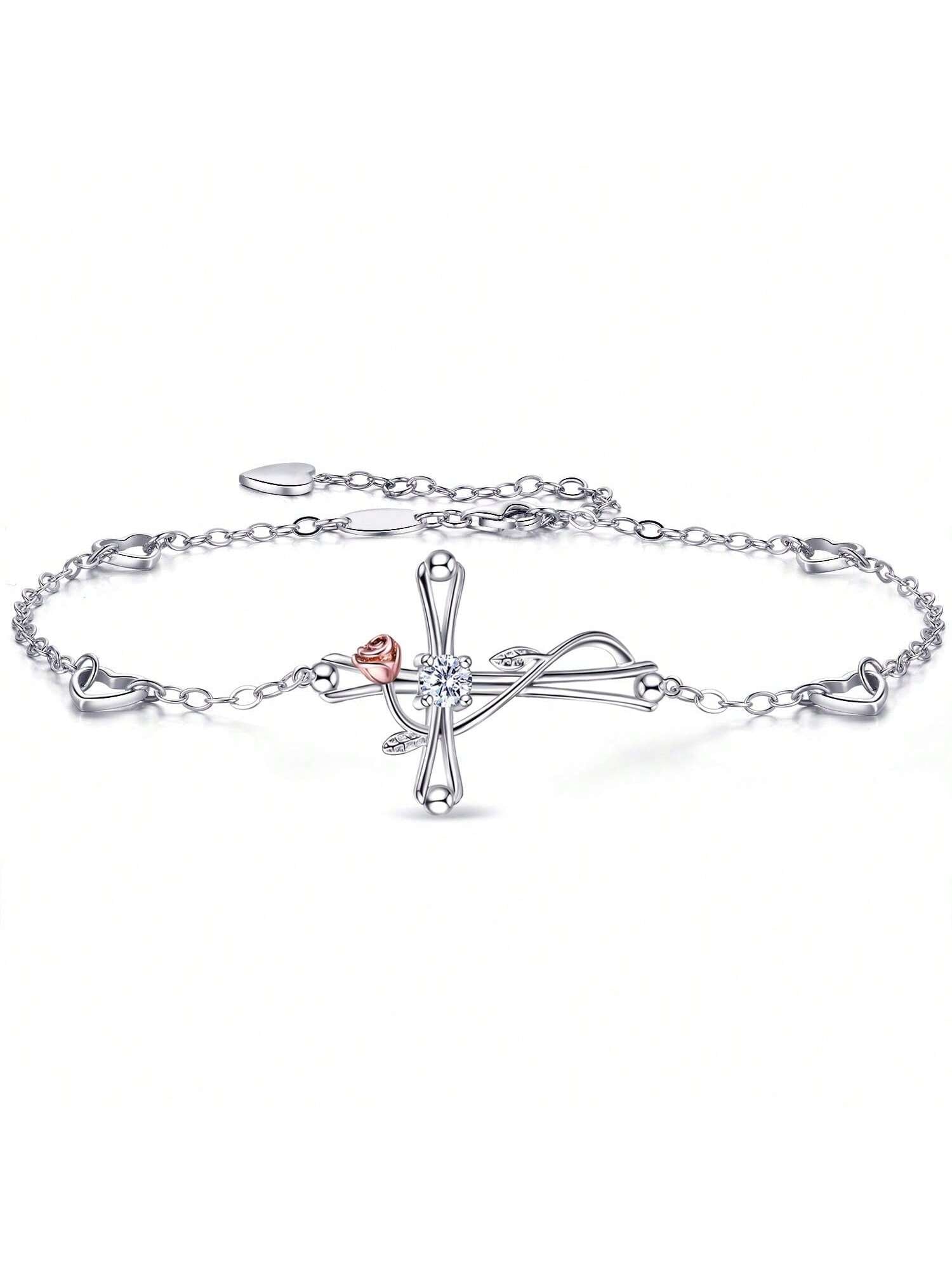 1 Piece Of Charming 925 Sterling Silver Cross Rose Flower Anklet Bracelet Suitable For Women To Date And Give As A Valentine'S Day Gift-Silver-1