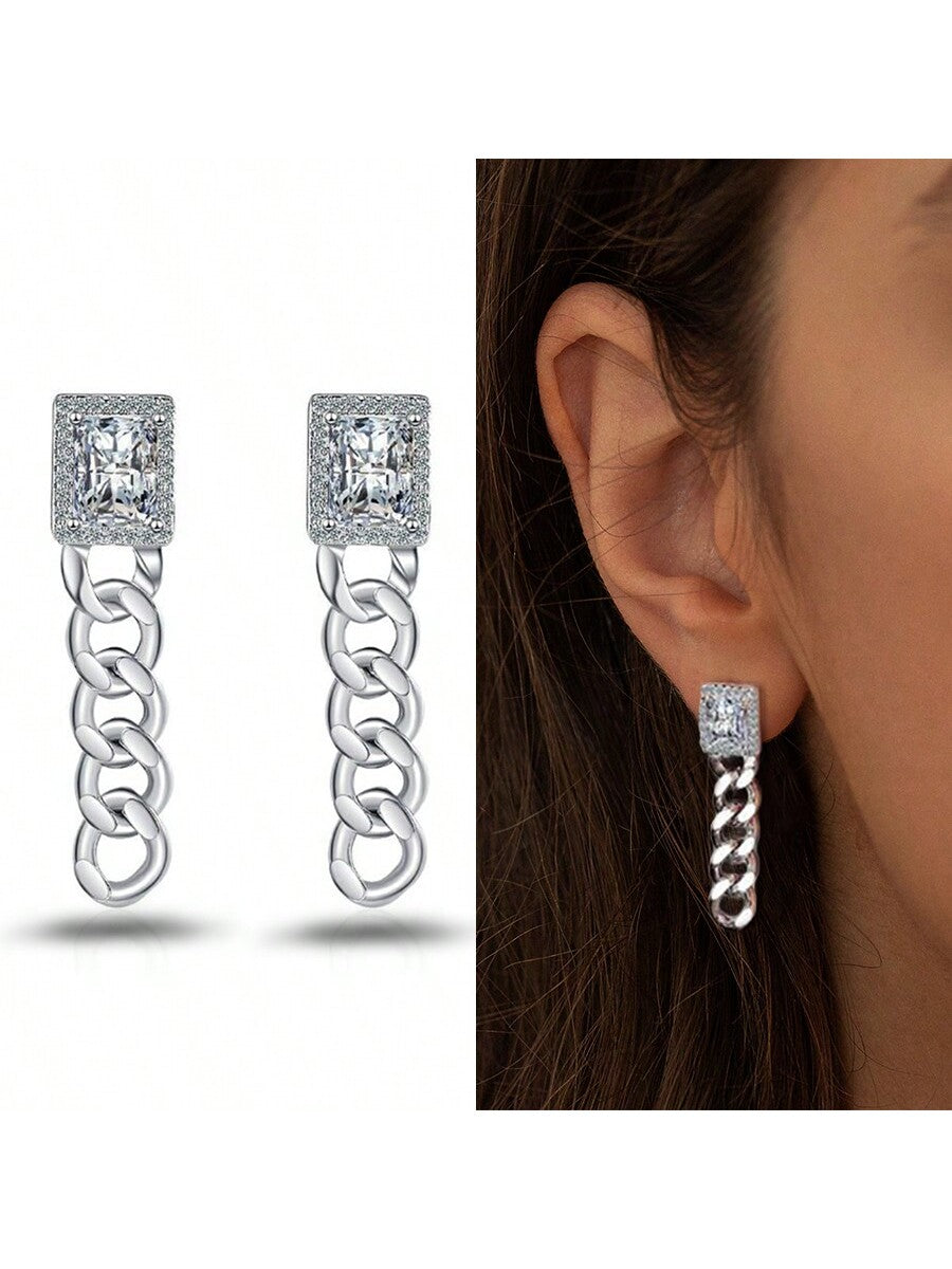 1pair Women'S Square Cubic Zirconia Stud Earrings With Chain Design, Made Of Pure Silver, Anti-Allergic, Classic And Fashionable, Ideal For Birthday And Christmas Gift-Silver-1